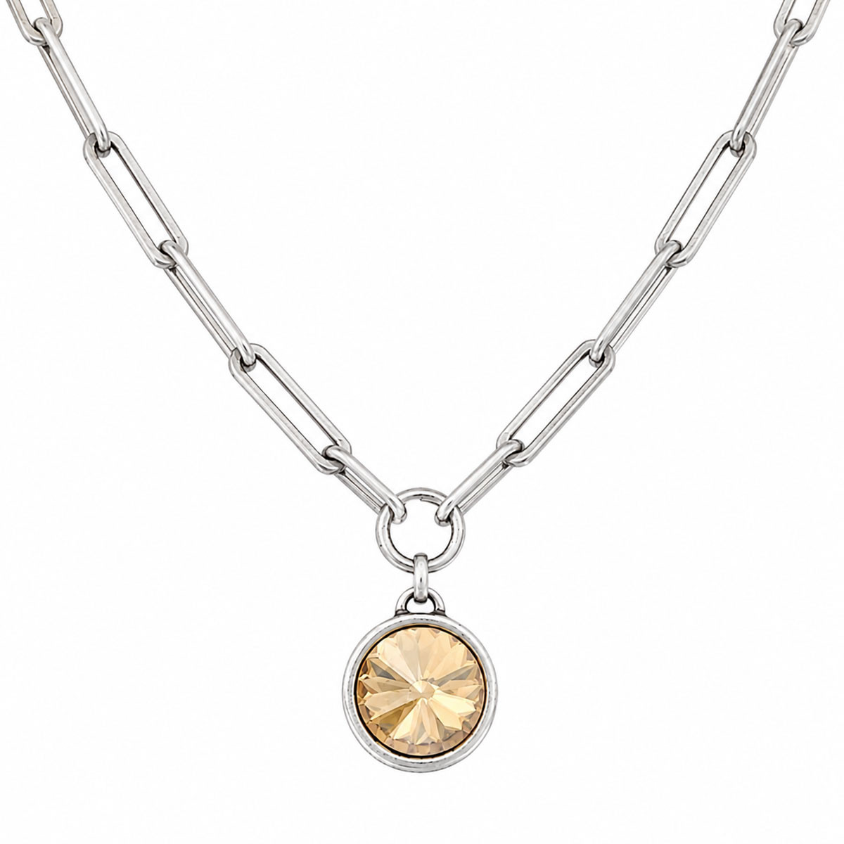 Golden champagne crystal paper clip necklace. 