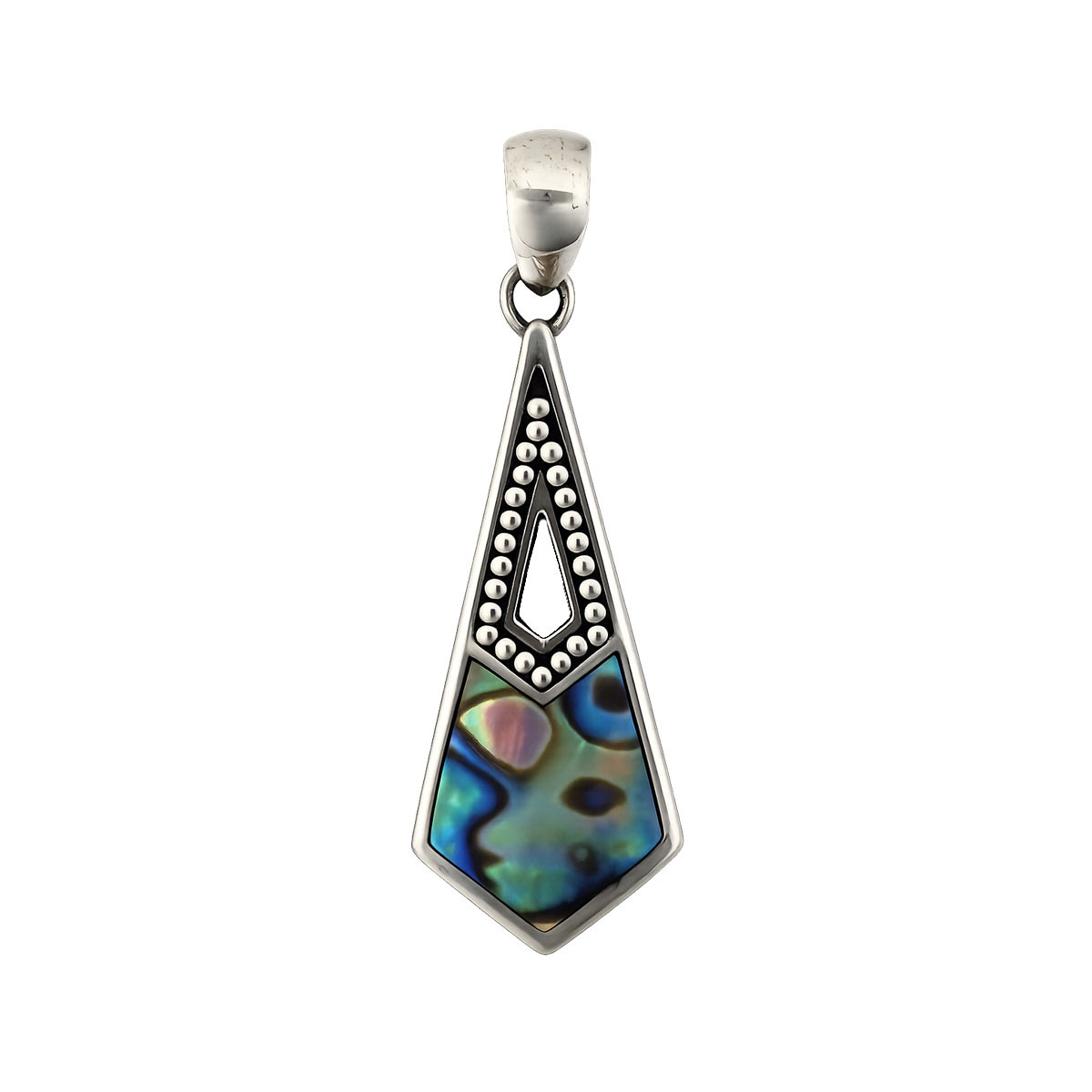 Geometric shape paua shell sterling silver pendant. 
