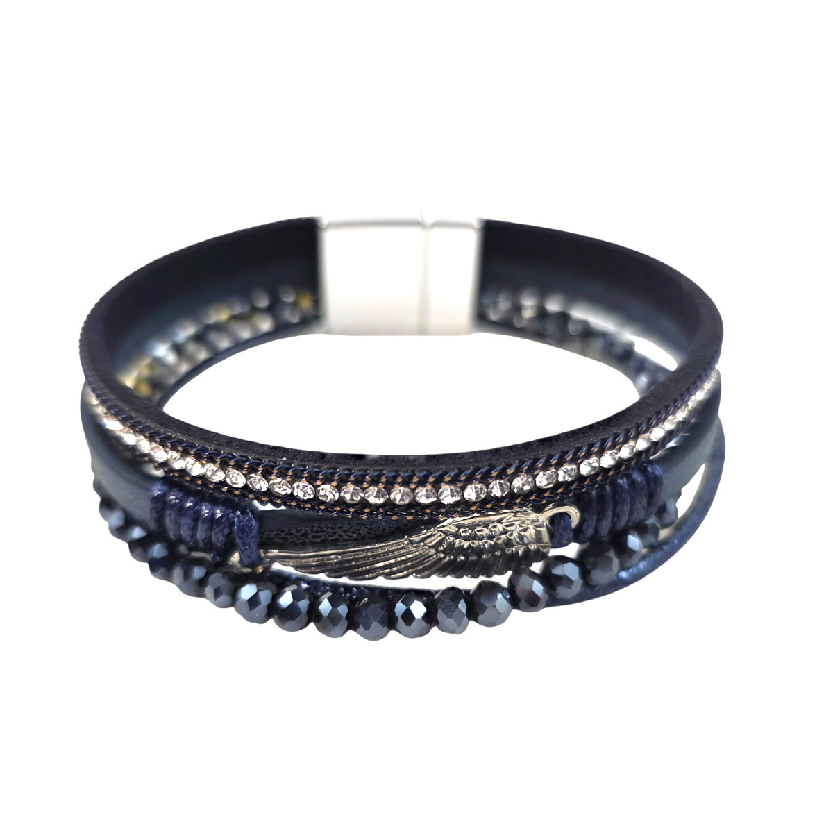 Navy blue wing-detail magnetic bracelet. 