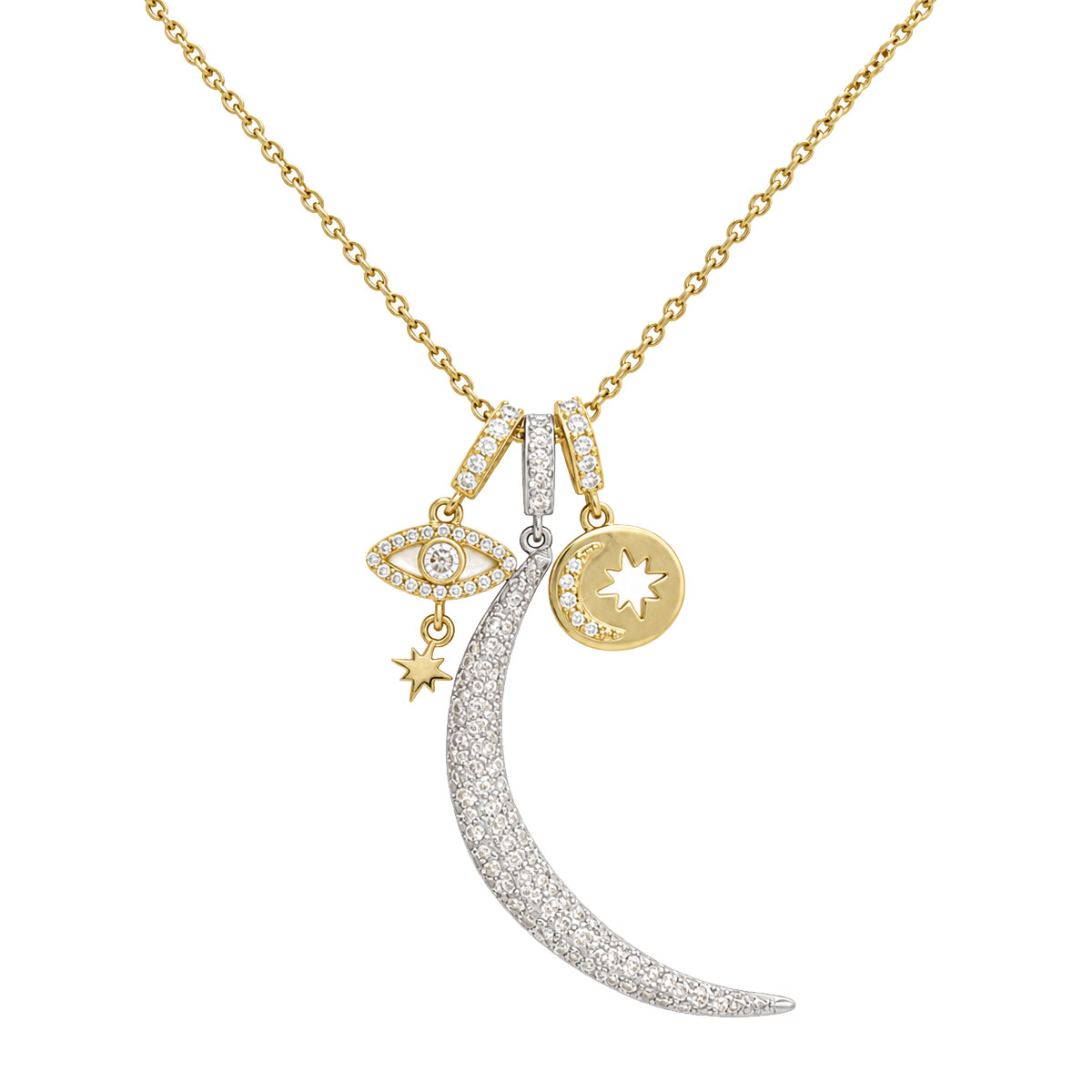 Moon, star, and evil eye 14kt gold-plated necklace. 