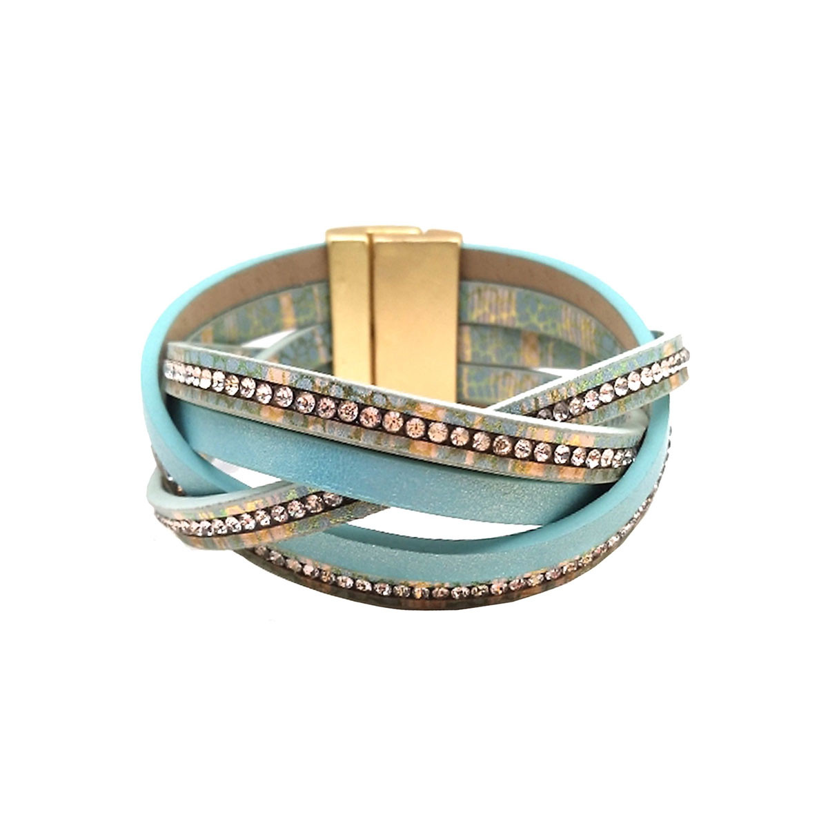 Turquoise rhinestone vegan leather magnetic bracelet. 