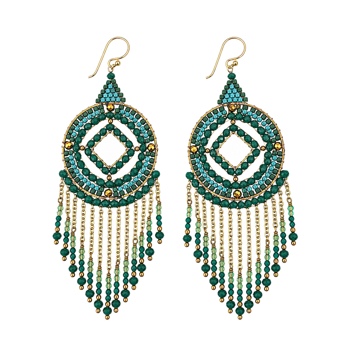 Turquoise and green emerald beaded fringe dangle earrings. 