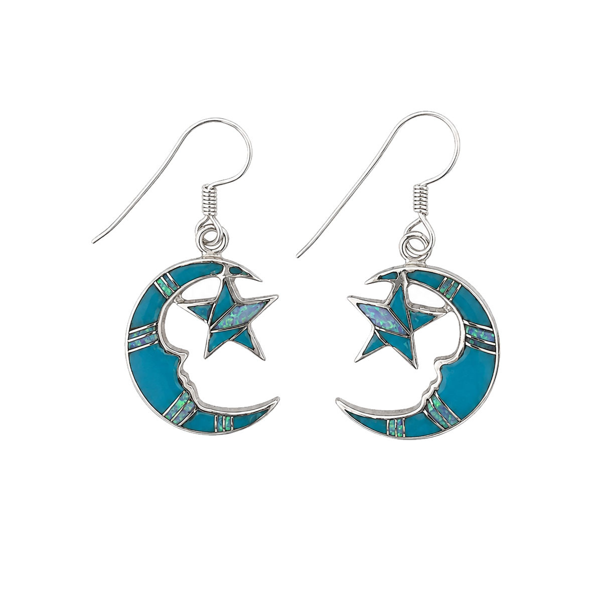 Turquoise and Opal moon and star sterling silver dangle earrings. 