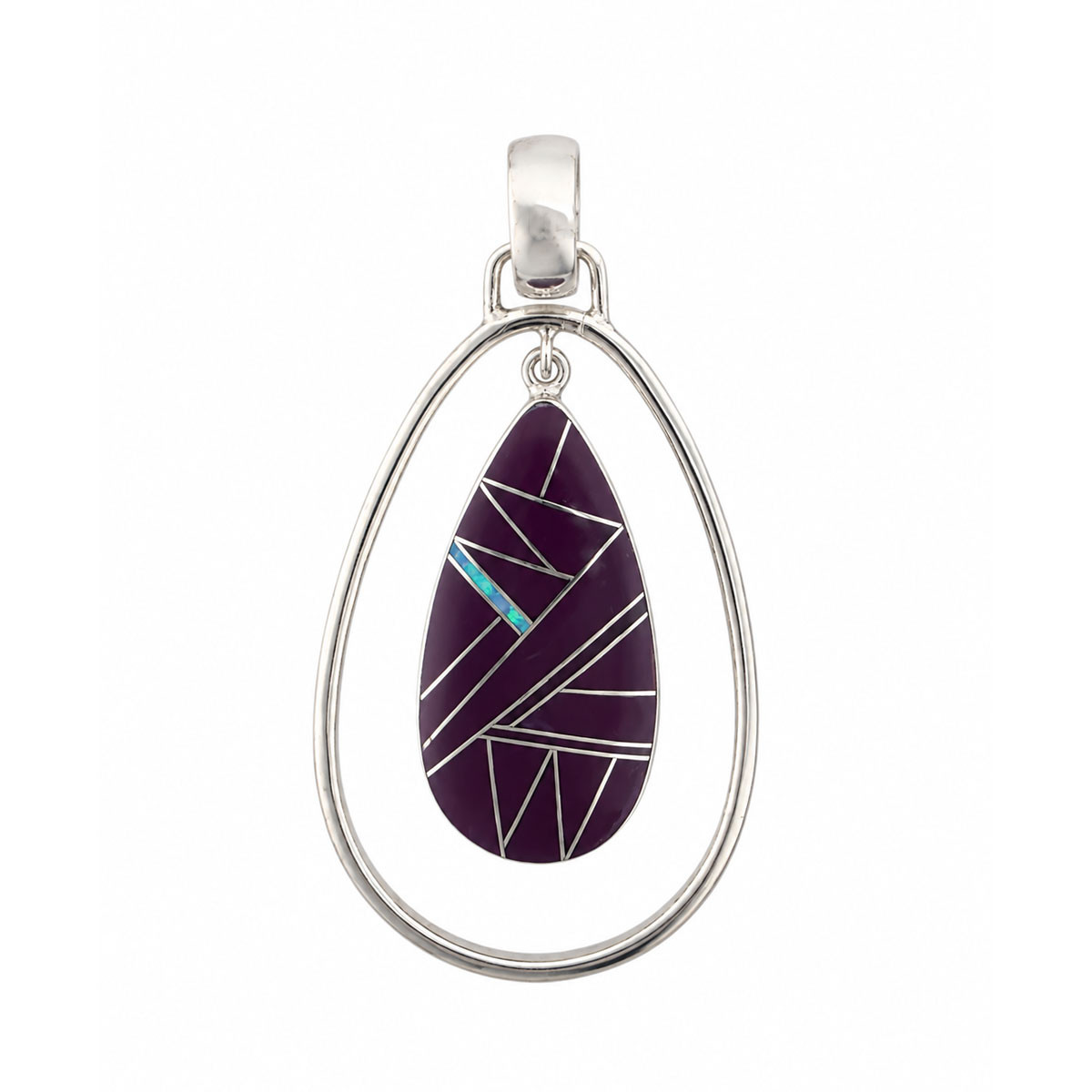Sterling silver open teardrop pendant with purple sugilite and opal geometric inlay handmade in New Mexico USA.