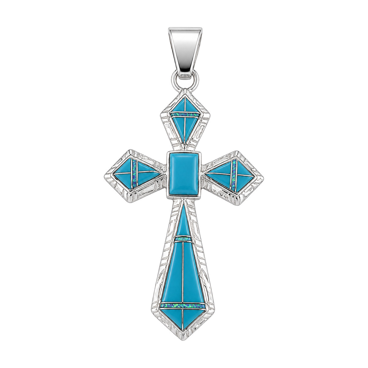 Sterling silver cross pendant with Kingman turquoise and opal geometric inlay, handcrafted in New Mexico, USA.