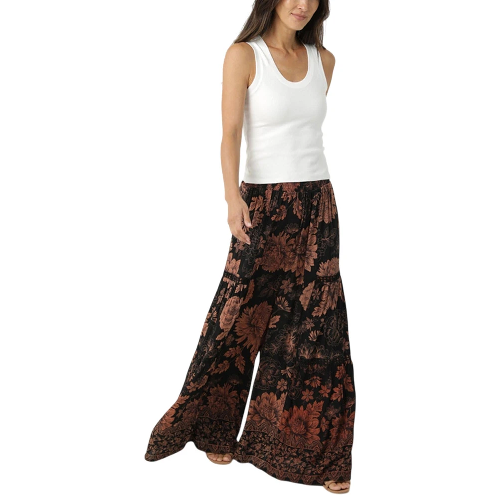 Nostalgia Clothing Wide Leg Flowy Pants Lace Trim - Black Floral Print 