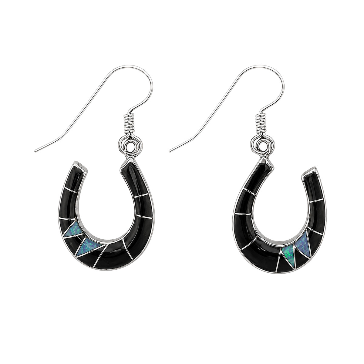 Sterling Silver Onyx & Opal Horseshoe Dangle Earrings