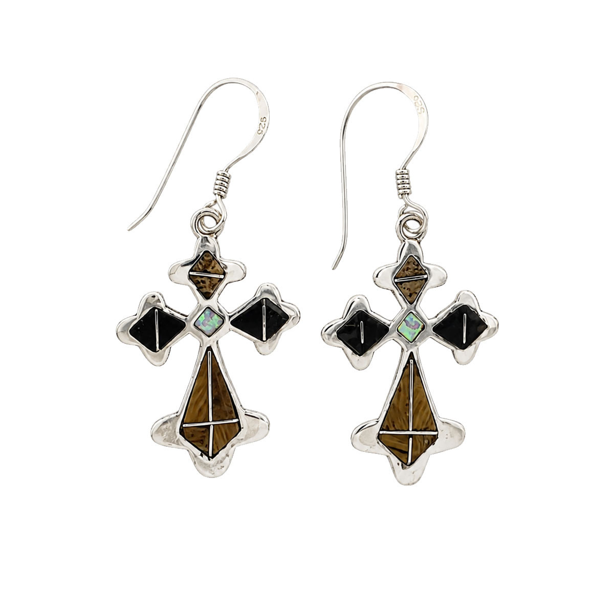 Sterling Silver Tiger’s Eye Onyx Opal Inlay Cross Earrings
