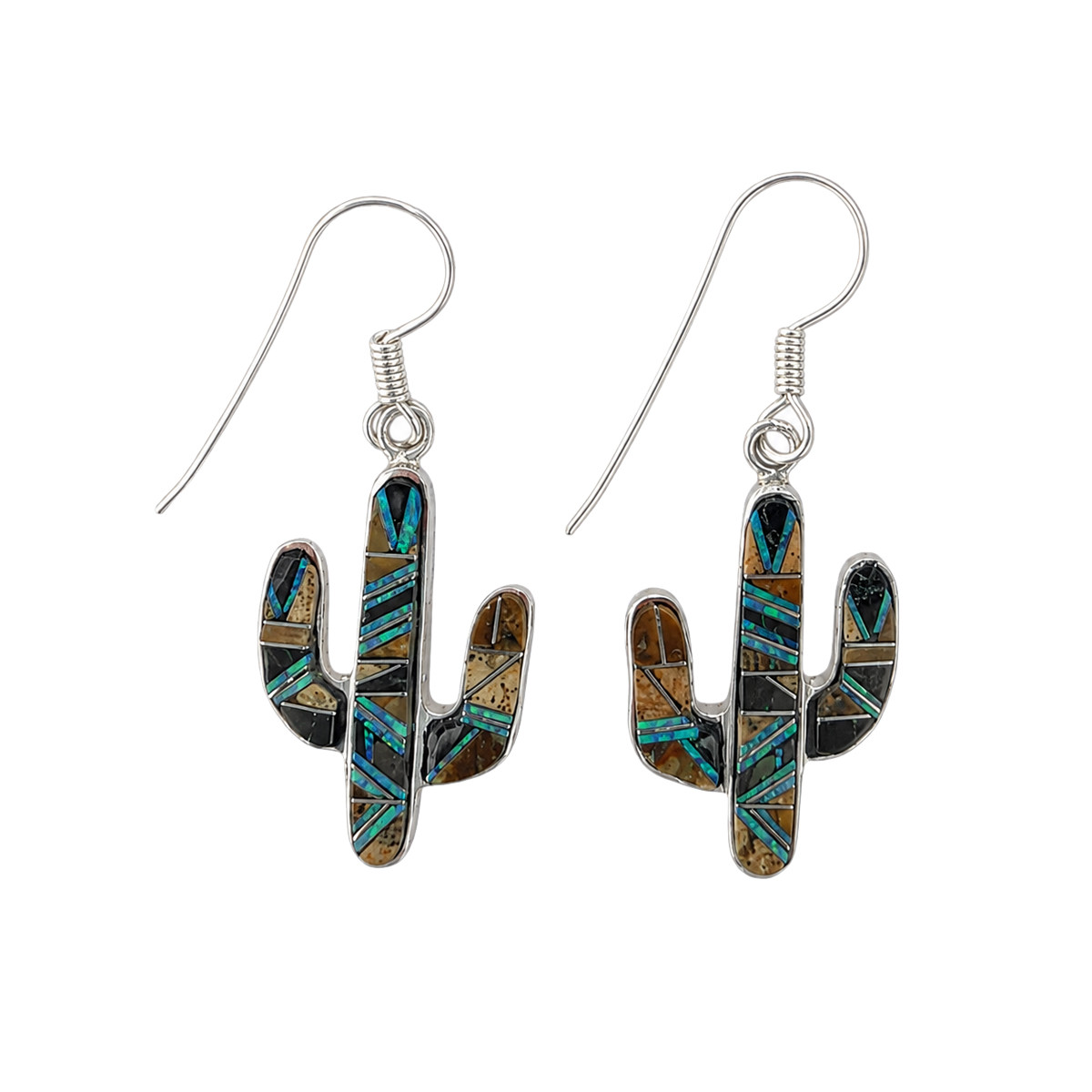 Sterling Silver Tiger’s Eye Onyx Opal Inlay Cactus Earrings