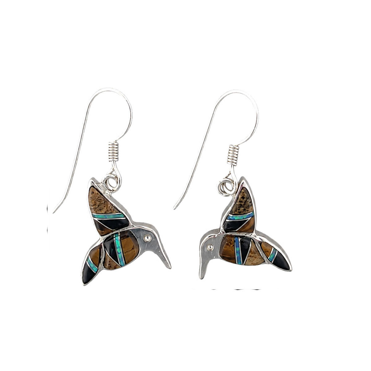 Sterling Silver Tiger’s Eye Onyx Opal Hummingbird Earrings