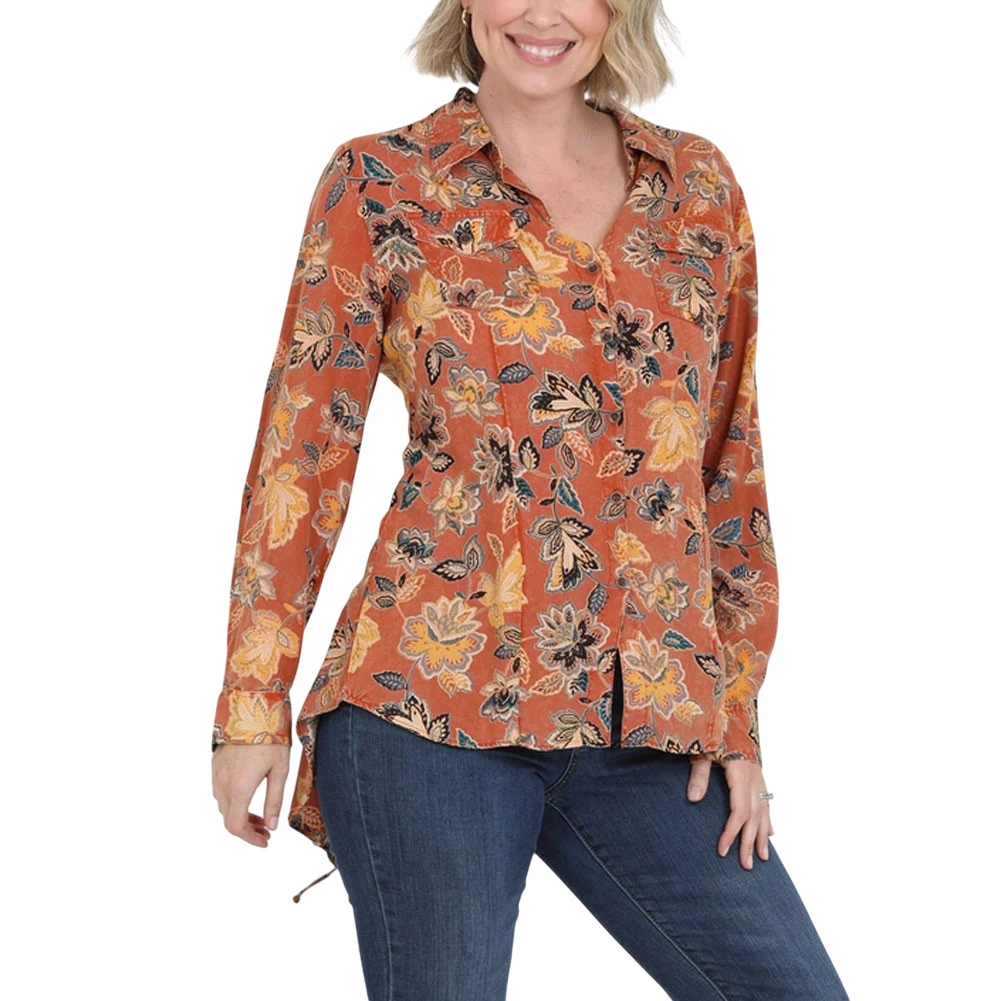 Lola P. Long Sleeve Lace Up Back High Low Shirt - Brown Acid Wash