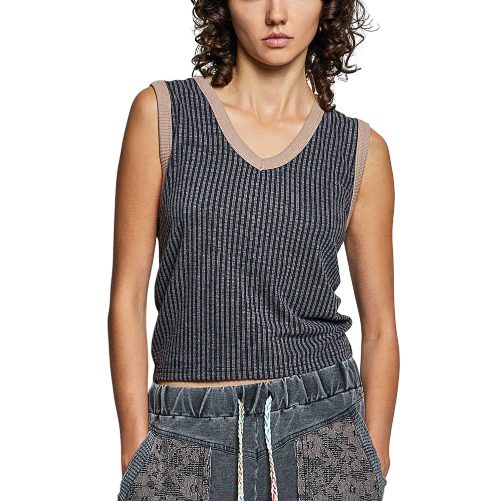 POL Clothing V-Neck Ribbed Knit Tank Top - Black