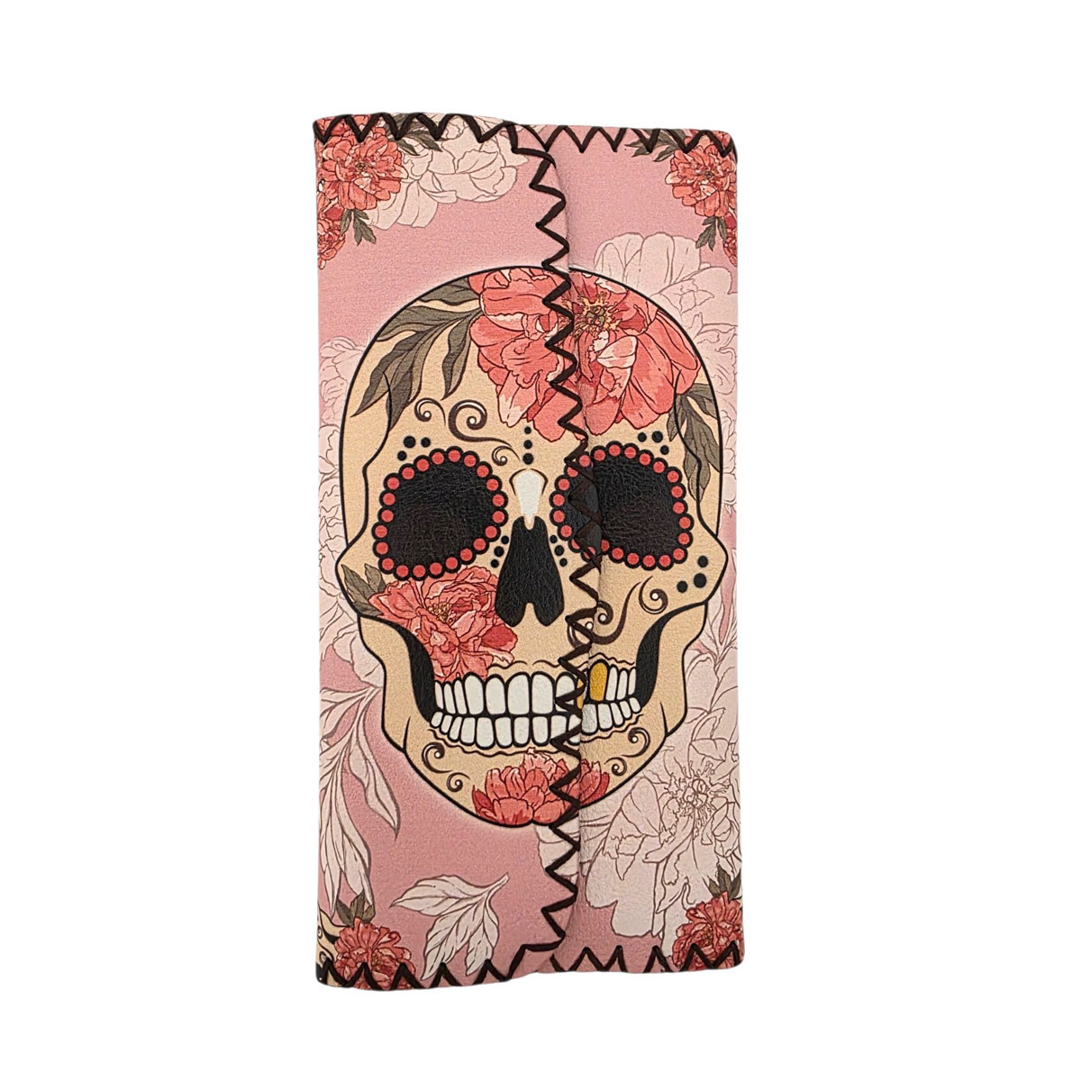 Pink Floral Sugar Skull Faux Leather Wallet - Front View