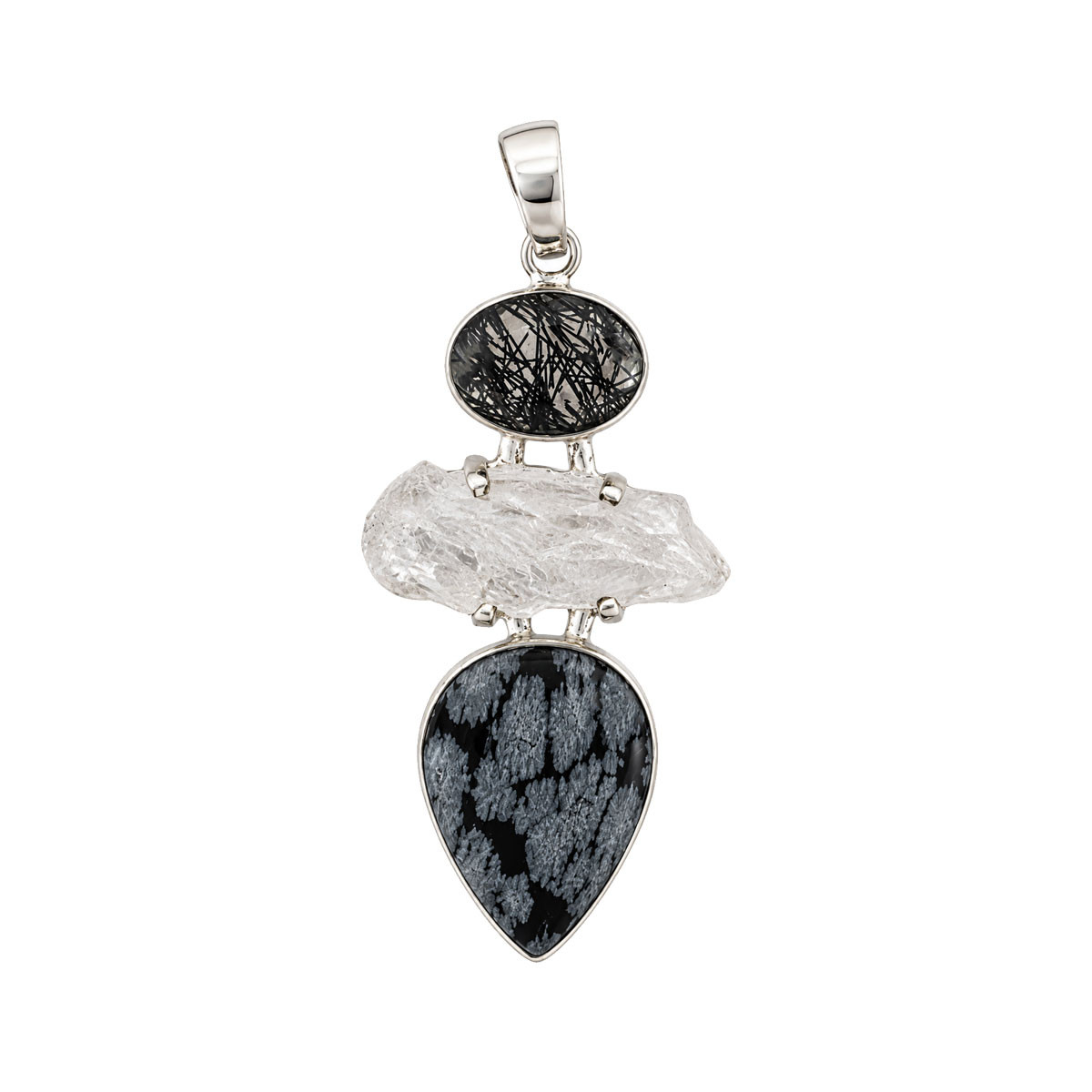 Sterling Silver Black Rutilated Quartz Raw Clear Quartz Snowflake Obsidian Pendant Front