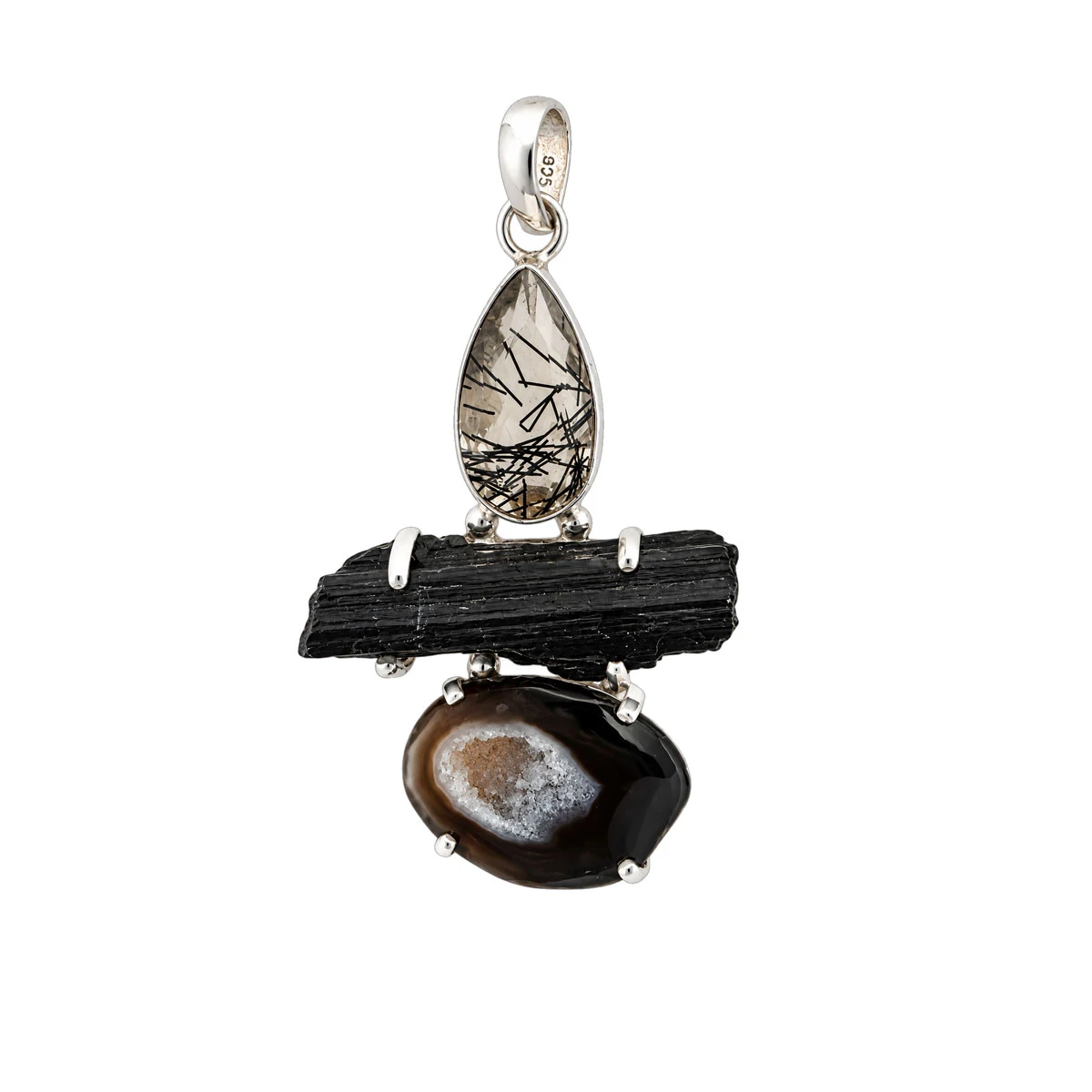 Sterling Silver Rutilated Quartz Black Tourmaline Druzy Agate Pendant