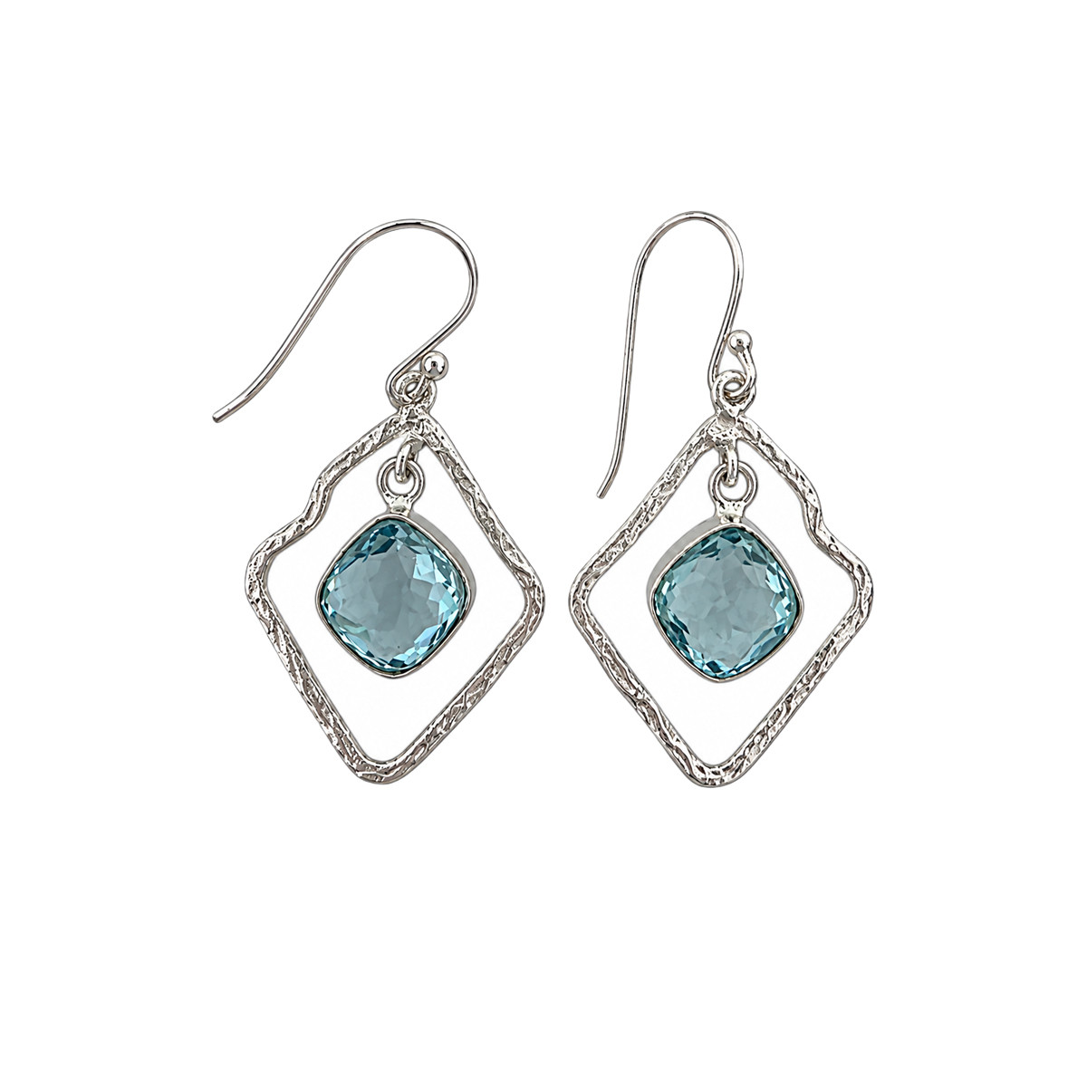 Sterling Silver Blue Topaz Hammered Diamond Dangle Earrings