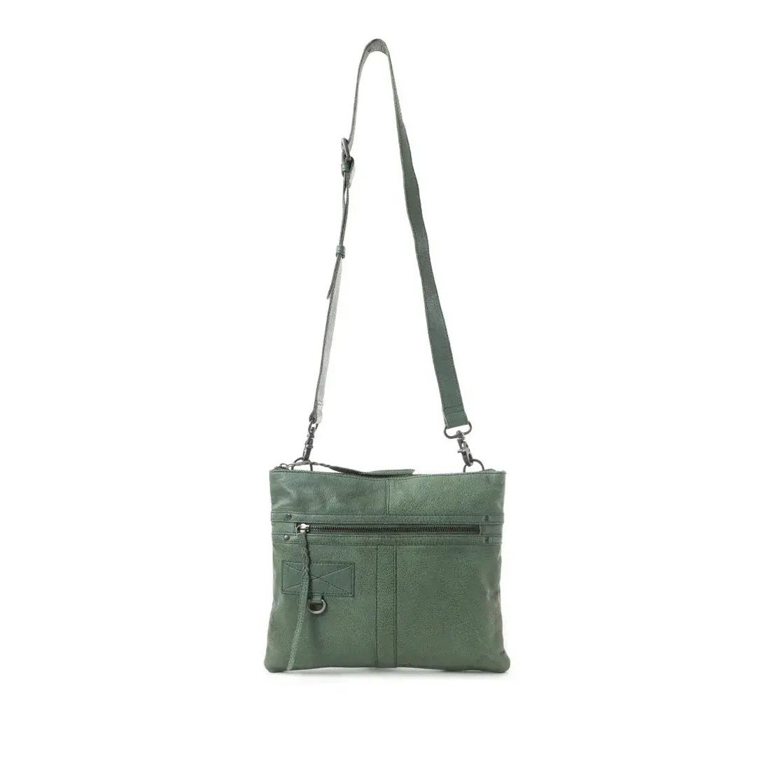 Hollington olive green leather crossbody shoulder bag with multiple zippered compartments, brushed metal hardware and an adjustable detachable strap.