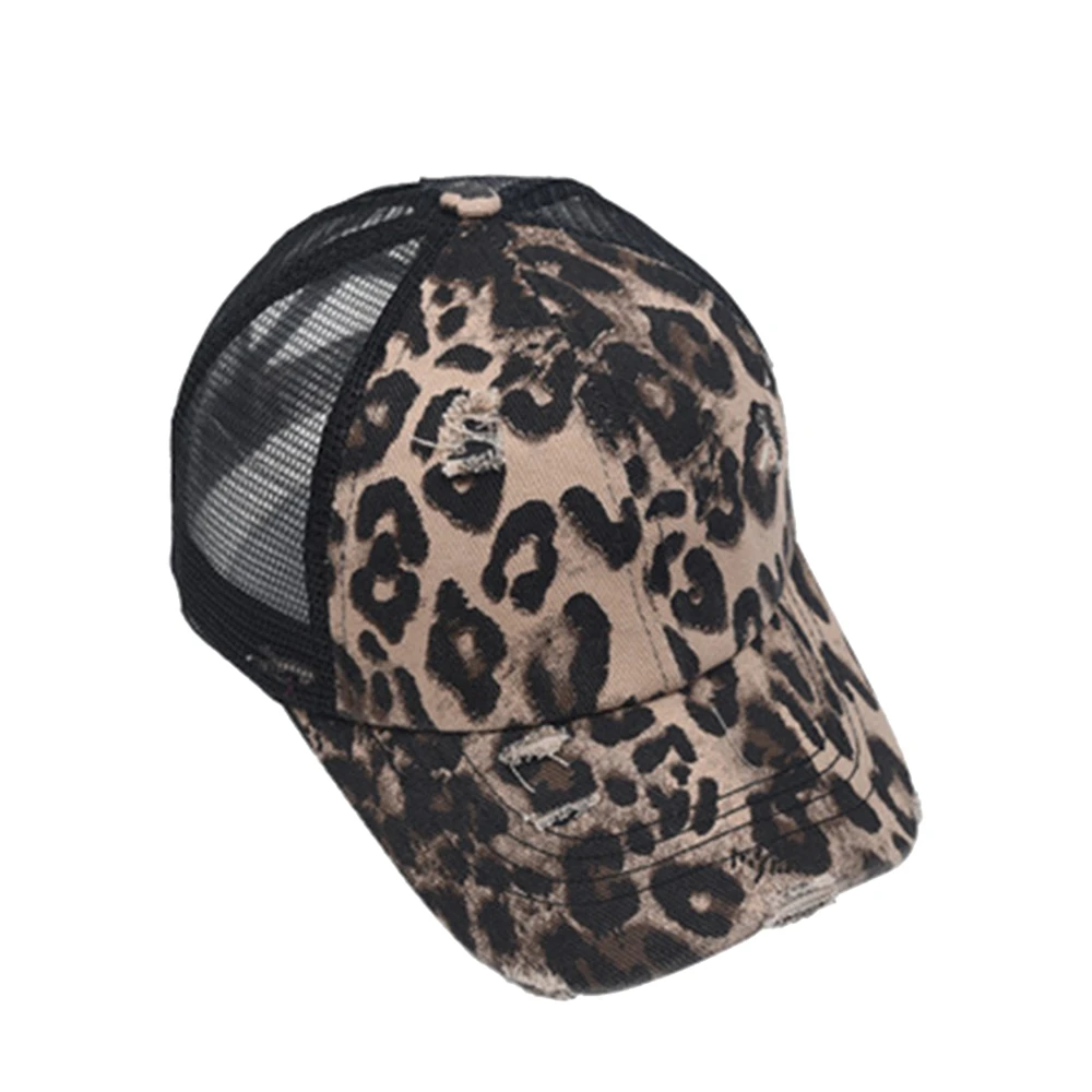 Front view of women's leopard-print baseball cap with distressed detailing, pre-curved bill and breathable black mesh back.