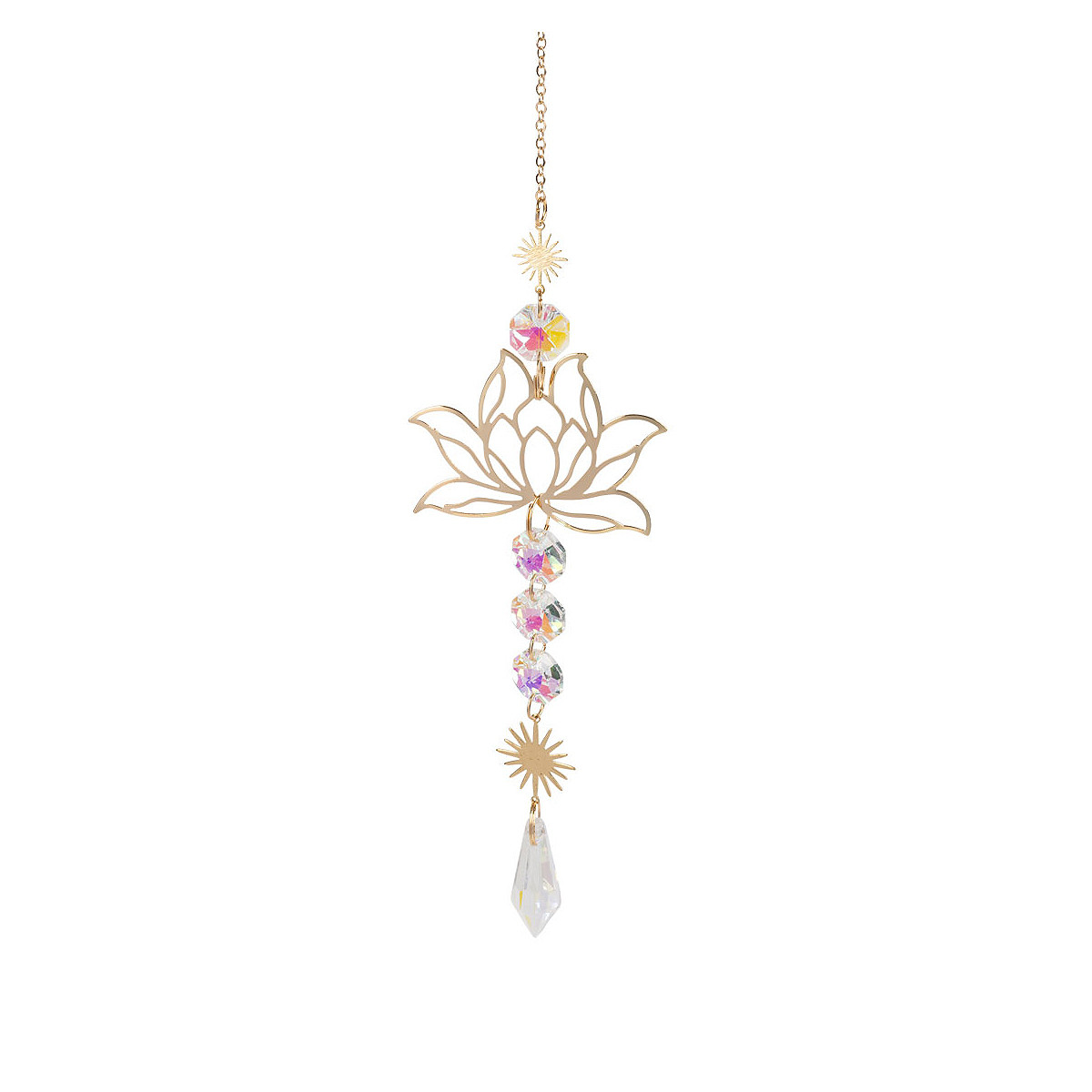 Elegant 16-inch Lotus Flower Crystal Suncatcher featuring a delicate gold-tone openwork lotus flower, decorative sunburst charms, four shimmering iridescent crystal beads, and a dangling faceted crystal prism. Suspended from a gold-tone chain, this beautiful floral window hanging catches sunlight and adds sparkling rainbow reflections and bohemian charm to home decor.