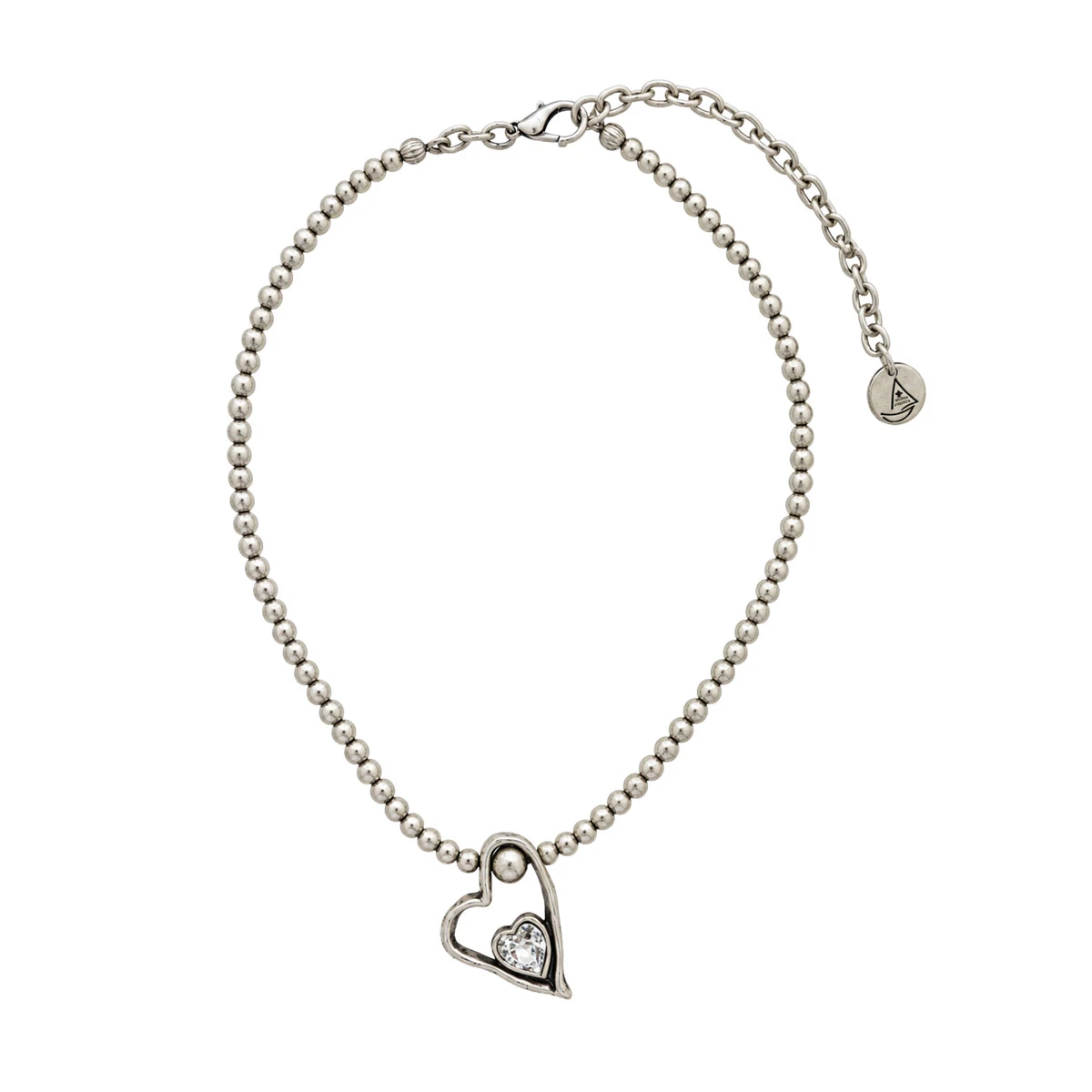 Silver-plated beaded necklace with asymmetrical open-heart pendant, faceted clear crystal heart, lobster clasp, and adjustable extension chain.