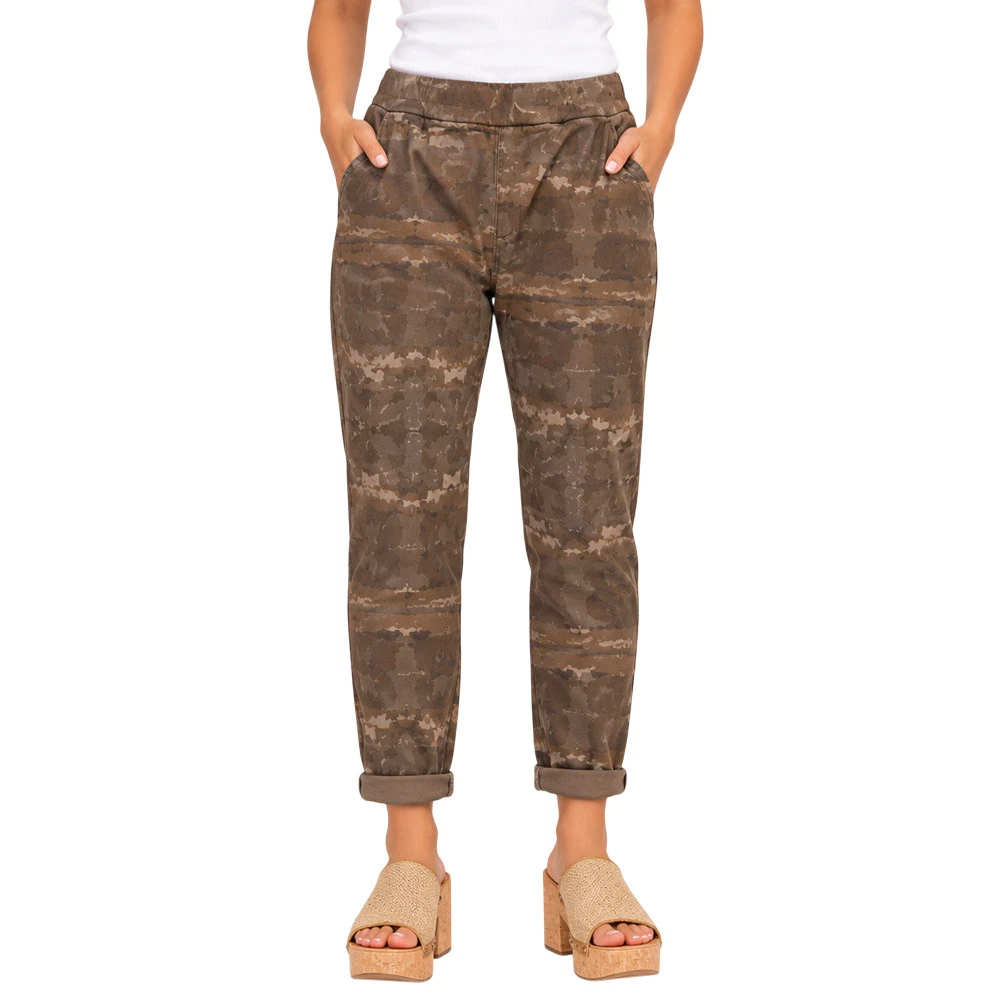 Flora Ashley - Elastic Waist Abstract Print Jogger - Chocolate Brown - front view