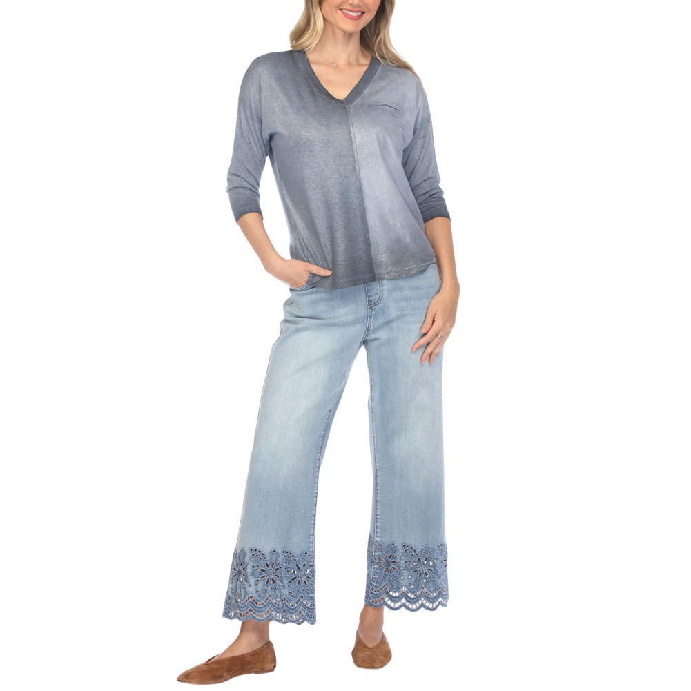 Flora Ashley - Elastic Waist Denim Pant with Scalloped Hem - Light Blue