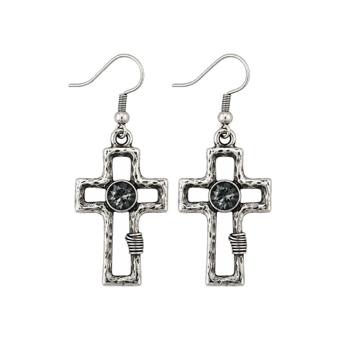 Pair of silver-plated open cross earrings featuring faceted dark gray charcoal crystals, textured silver finish, and decorative wire-wrapped accents.