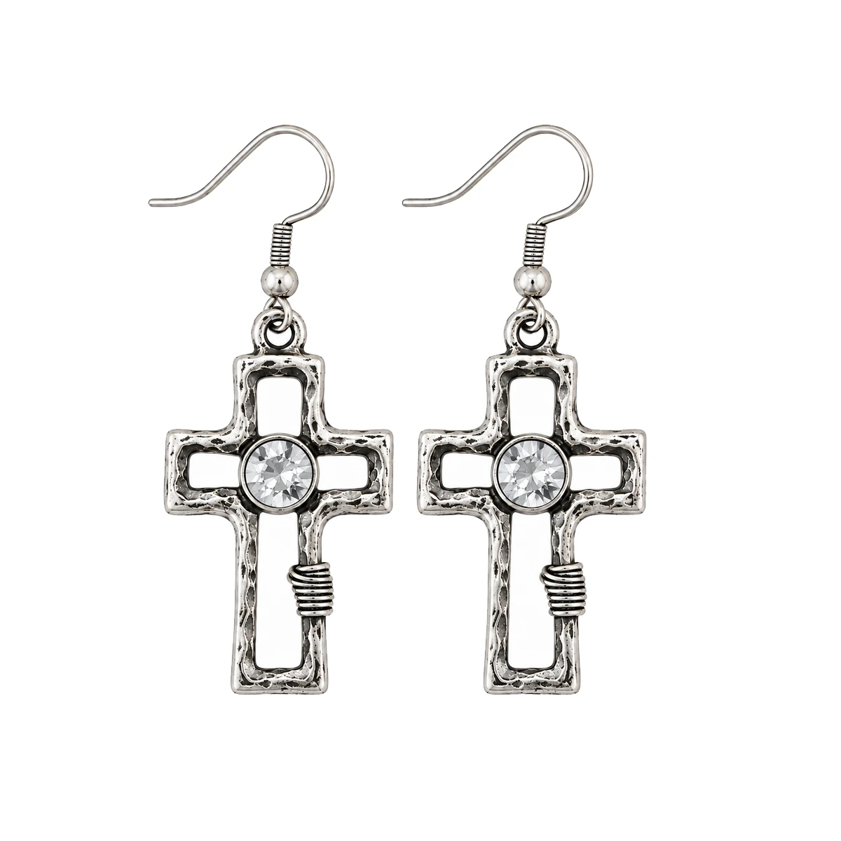 Pair of silver plated open cross earrings featuring faceted clear crystals, textured silver finish, and decorative wire-wrapped accents.