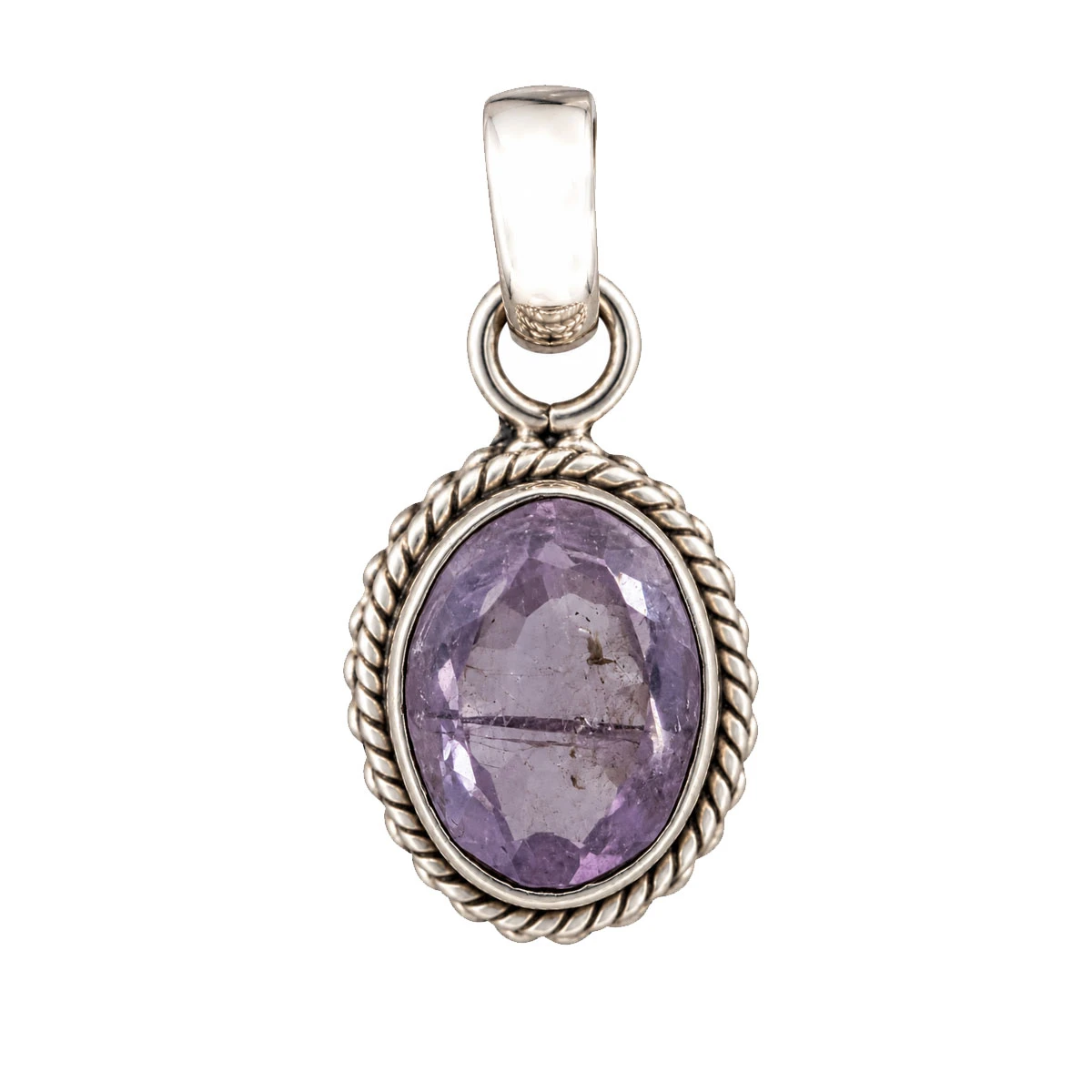 Oval faceted amethyst gemstone pendant set in sterling silver with an intricate rope twist border and polished bail displayed on a white background.