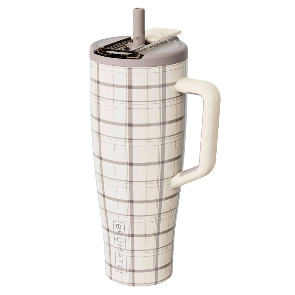 BrüMate ERA FLIP 40oz Straw Tumbler Travel Mug - OXFORD PLAID - Limited Edition - open position