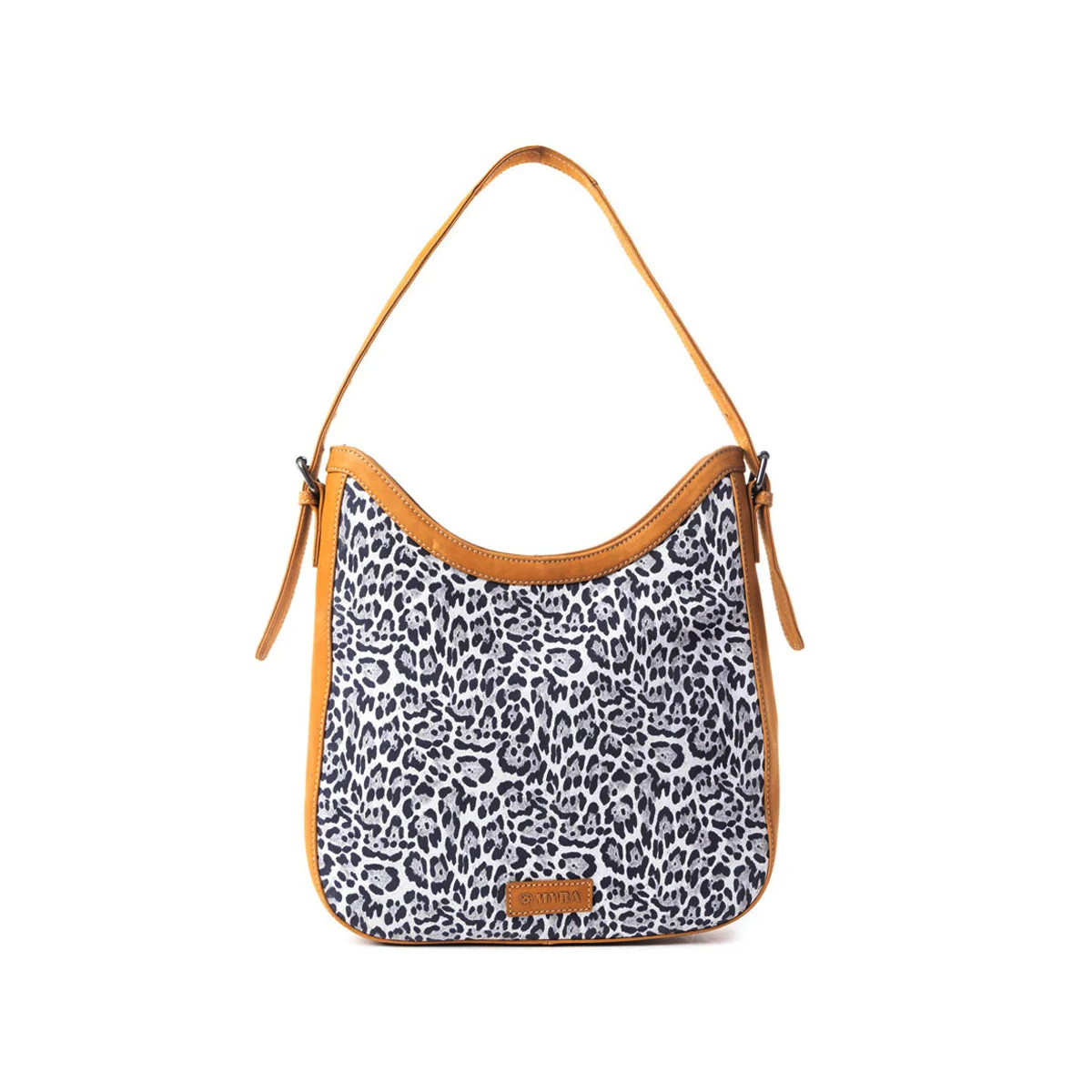 Myra Desert Snow Leopard Leather Hobo Shoulder Bag featuring black-and-white snow leopard-print canvas, tan leather trim, curved top, matching leather shoulder strap, and Myra logo patch.