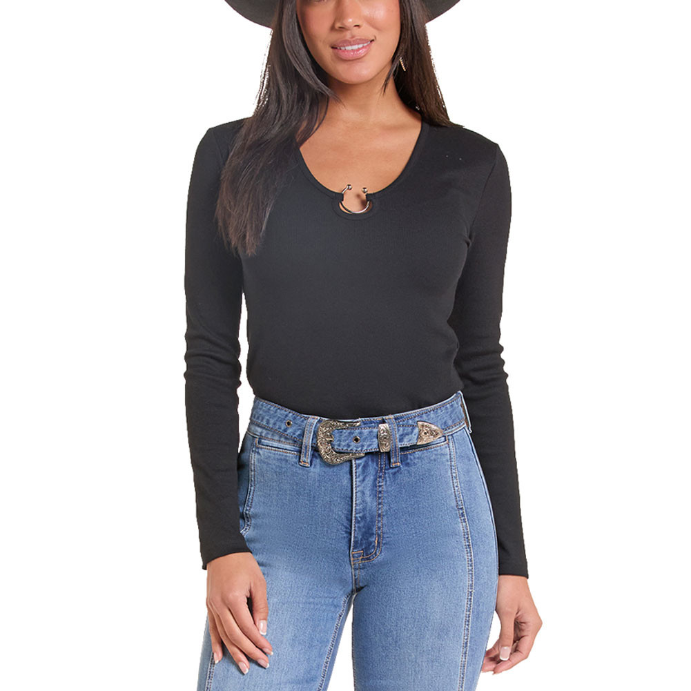 Rock&Roll Denim - Horseshoe Shaped Accent Long Sleeve Top - Black