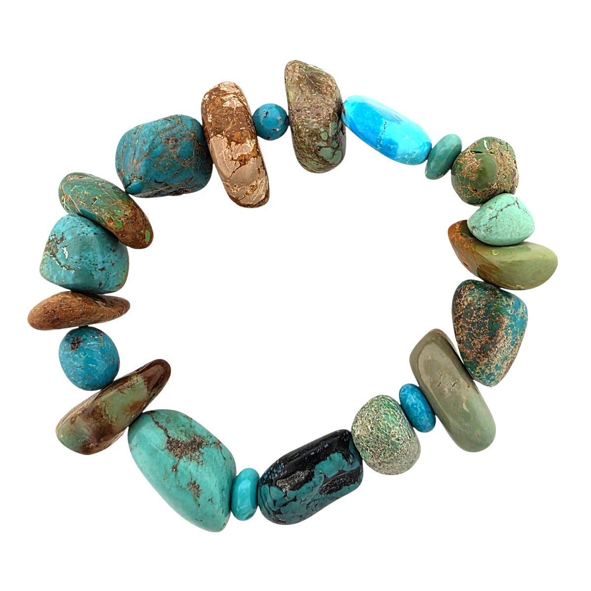 Oversized turquoise nugget elastic bracelet featuring assorted polished stones with unique shapes and earthy matrix patterns. Largest stone approximately 18mm.