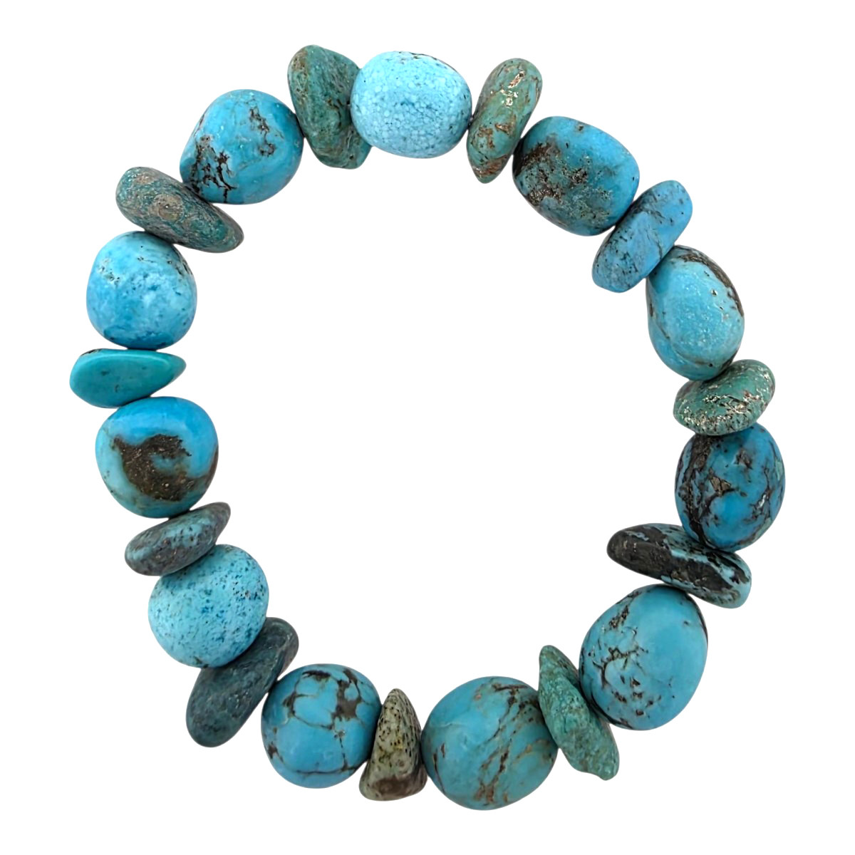 Turquoise nugget elastic bracelet featuring polished blue and aqua stones with smaller accent beads and distinctive matrix patterns. Largest stone approximately 13mm.