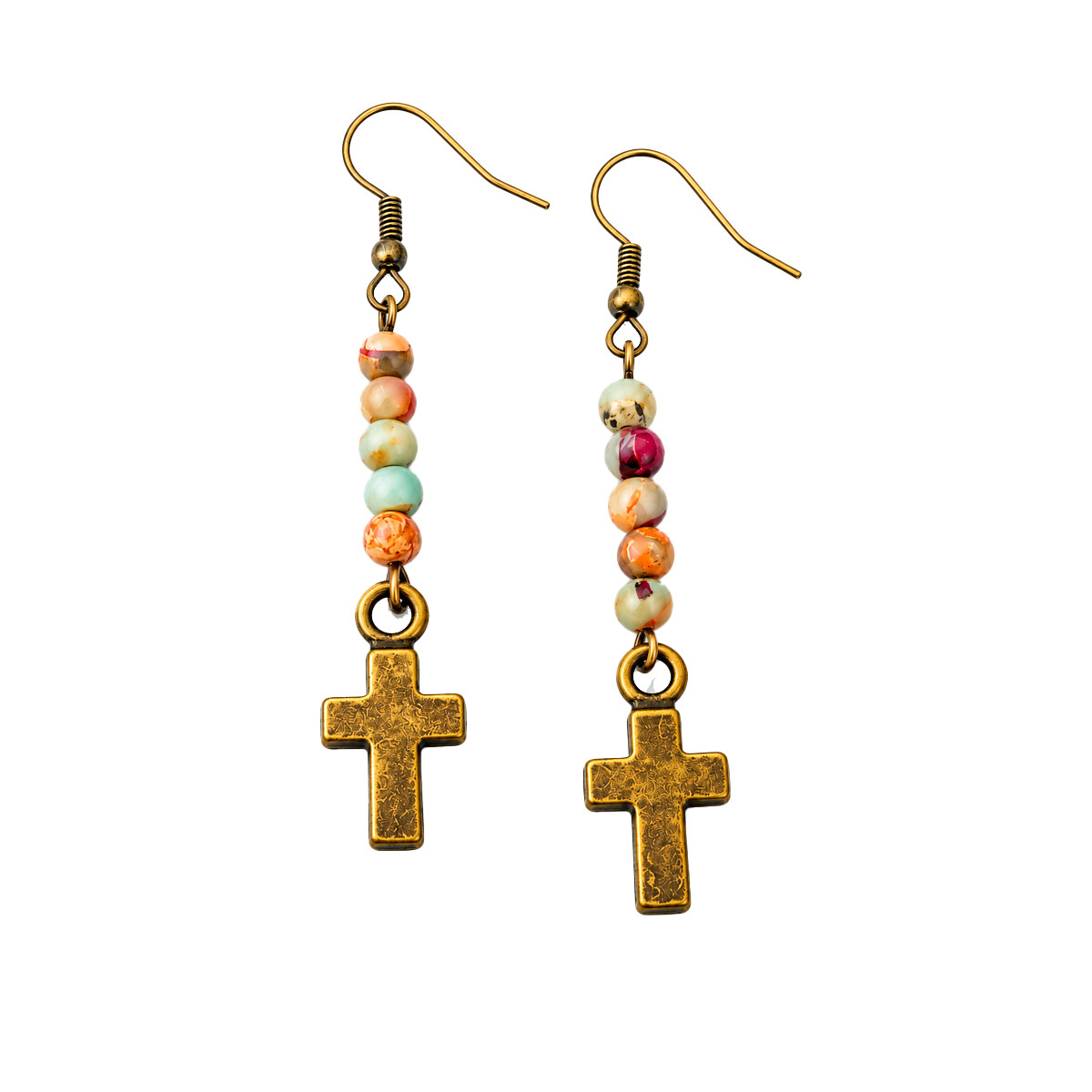 Pair of Imperial Jasper Cross Dangle Earrings featuring five multicolor gemstone beads on each earring, antique bronze-tone textured cross pendants, and fishhook ear wire closures. Beautiful natural stone jewelry with earthy colors and vintage-inspired styling.