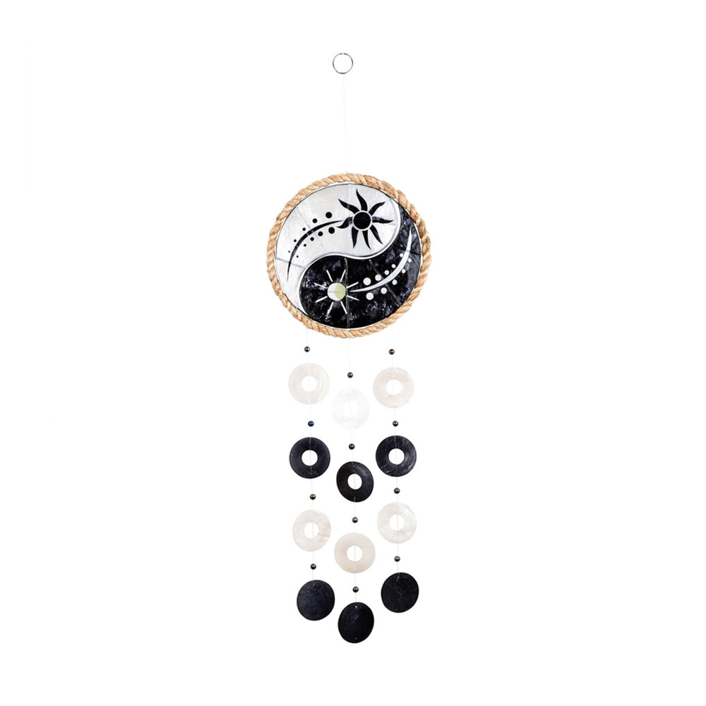 Handmade Om Yin Yang Capiz Shell Wind Chime featuring a black and white sun and moon design with natural rope trim and cascading capiz shells.