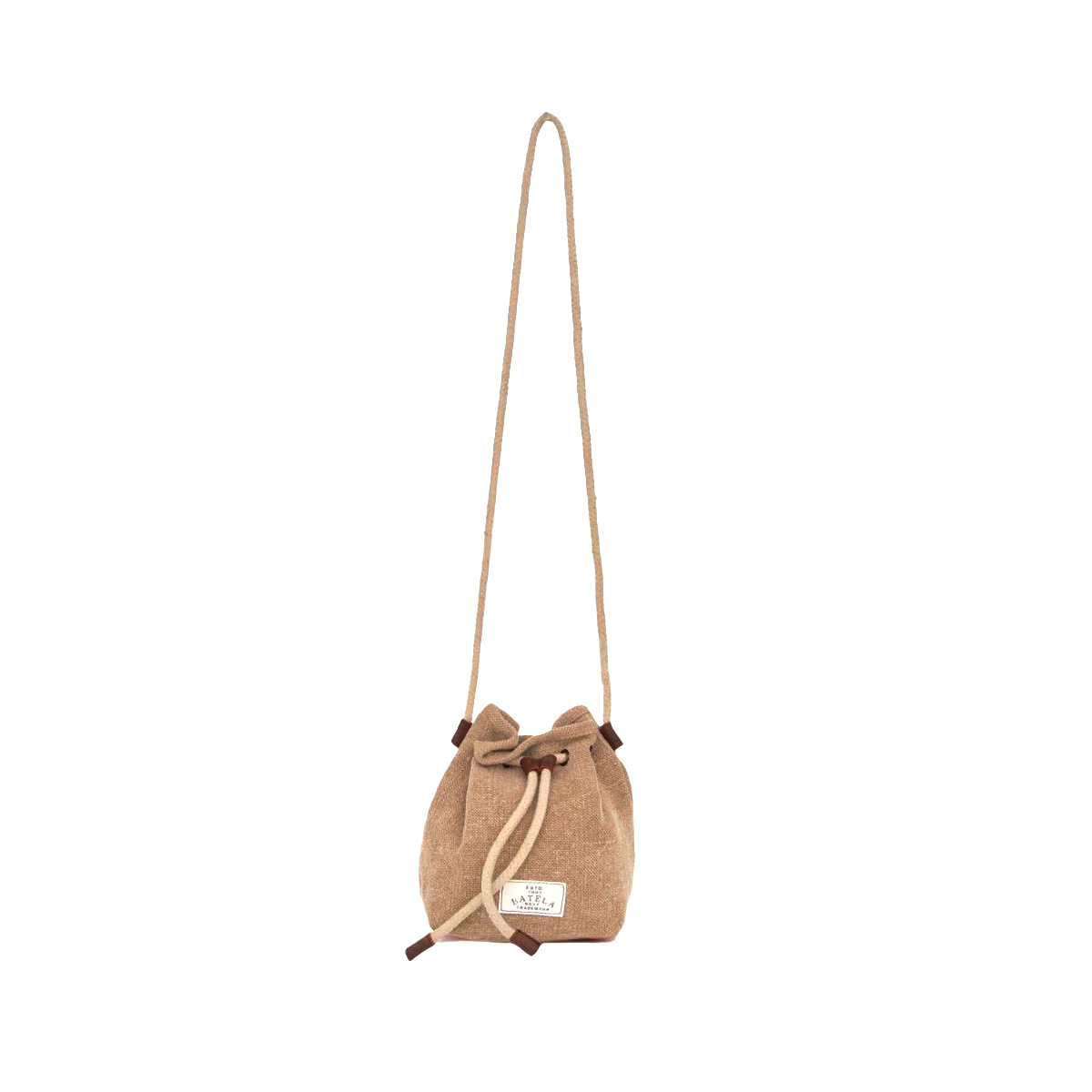 BATELA beige drawstring bucket crossbody purse featuring a textured fabric exterior, long shoulder strap, braided drawstring closure, contrasting trim, and front logo patch. A casual boho handbag measuring 7.8" L x 9.4" W.