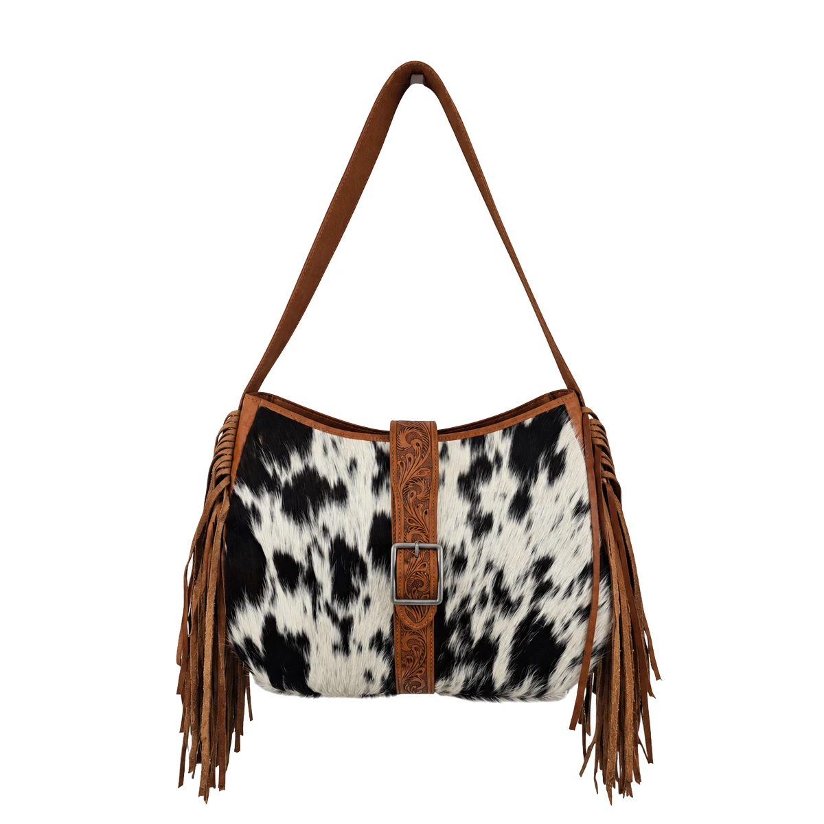 Front view of Myra Bag Loyal West Desert Trail Medium Concealed Carry Shoulder Bag featuring genuine black and white hair-on calfskin, decorative floral tooled leather buckle accent, brown leather shoulder strap, and long Western-style fringe.