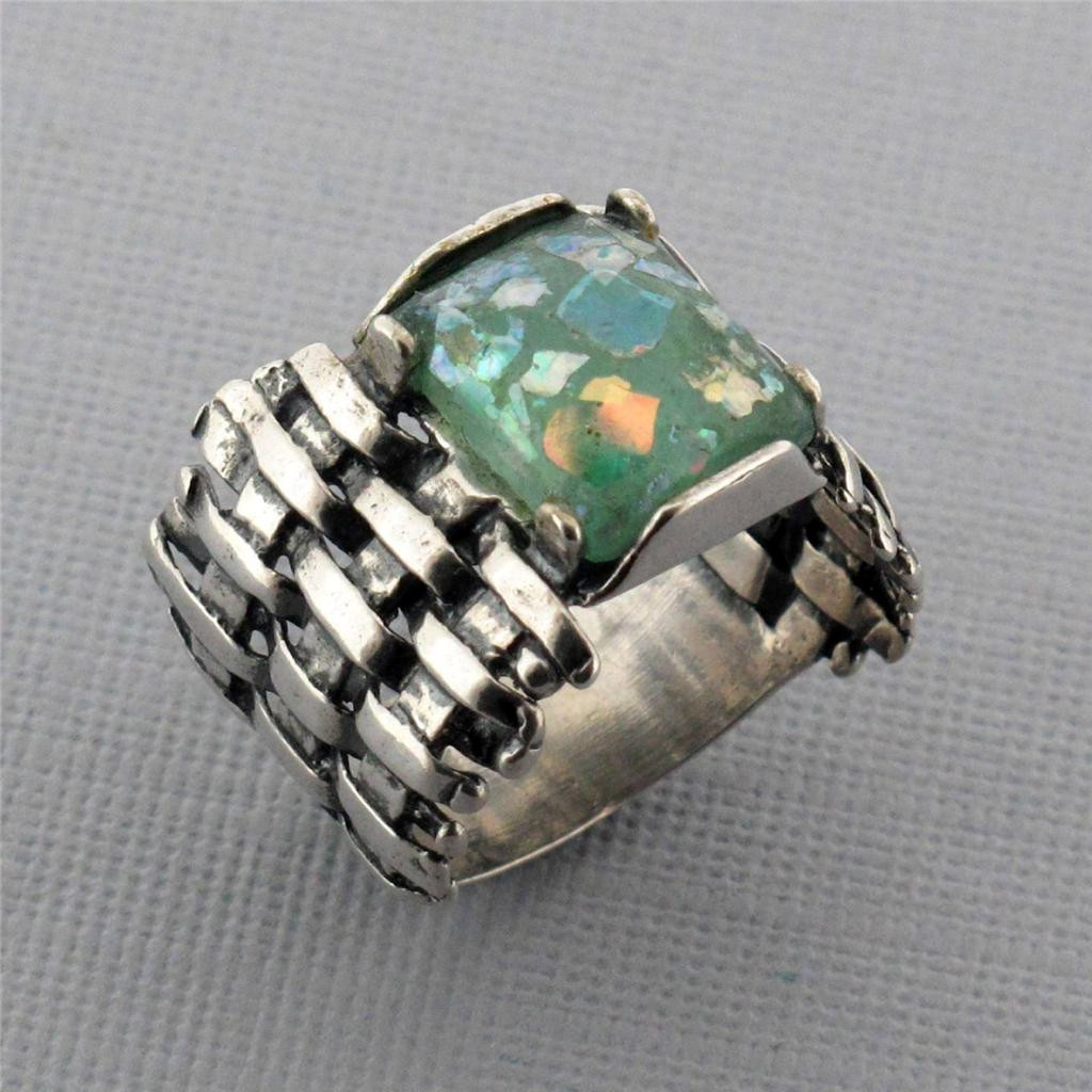 Rectangle Shaped Ancient Roman Glass Oxidized Woven Sterling Silver Ring Blue Gr