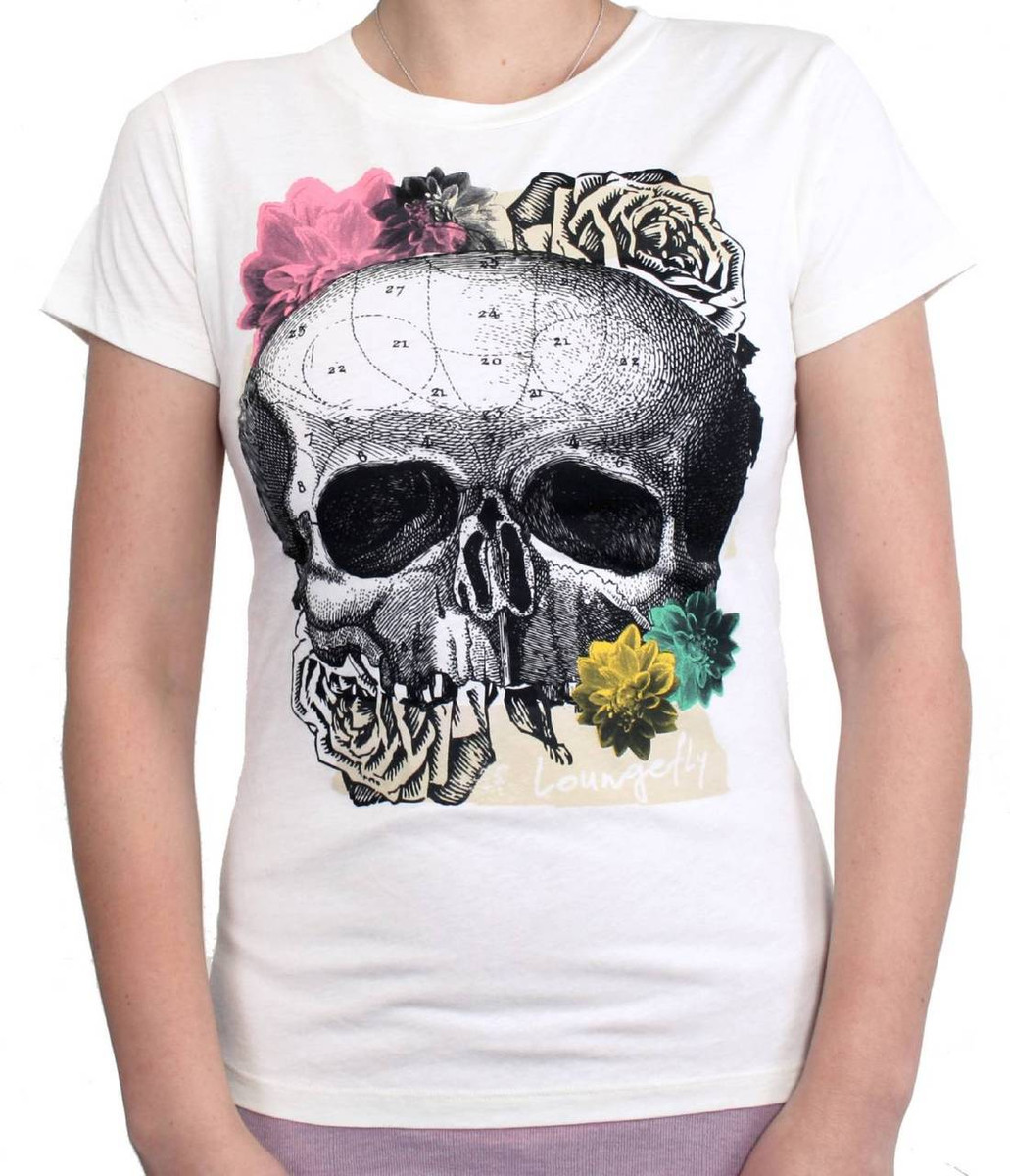 Loungefly Womens Tee Shirt Skull and Flowers Ivory Top T-Shirt Gothic Rock