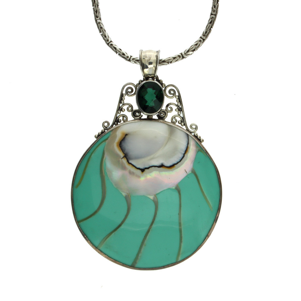 Large shell pendant with green Quartz . 