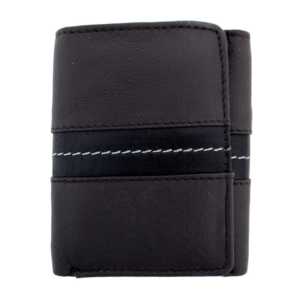 Chocolate brown leather trifold wallet with black stripe.