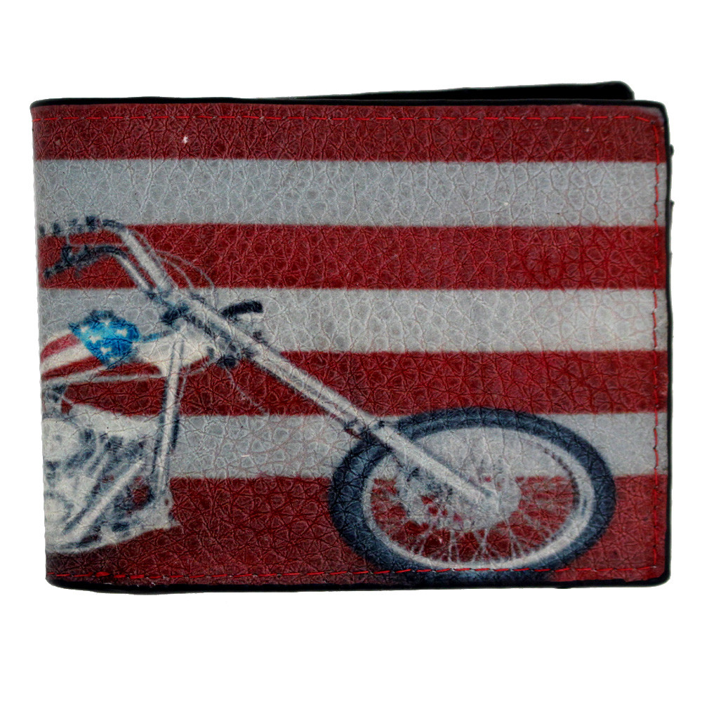 American flag and motorcycle screened on outside of leather wallet.