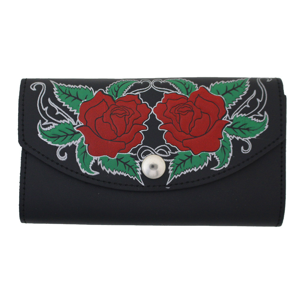 Women's Wallet Black Leather with Roses Checkbook Style Pocketbook
