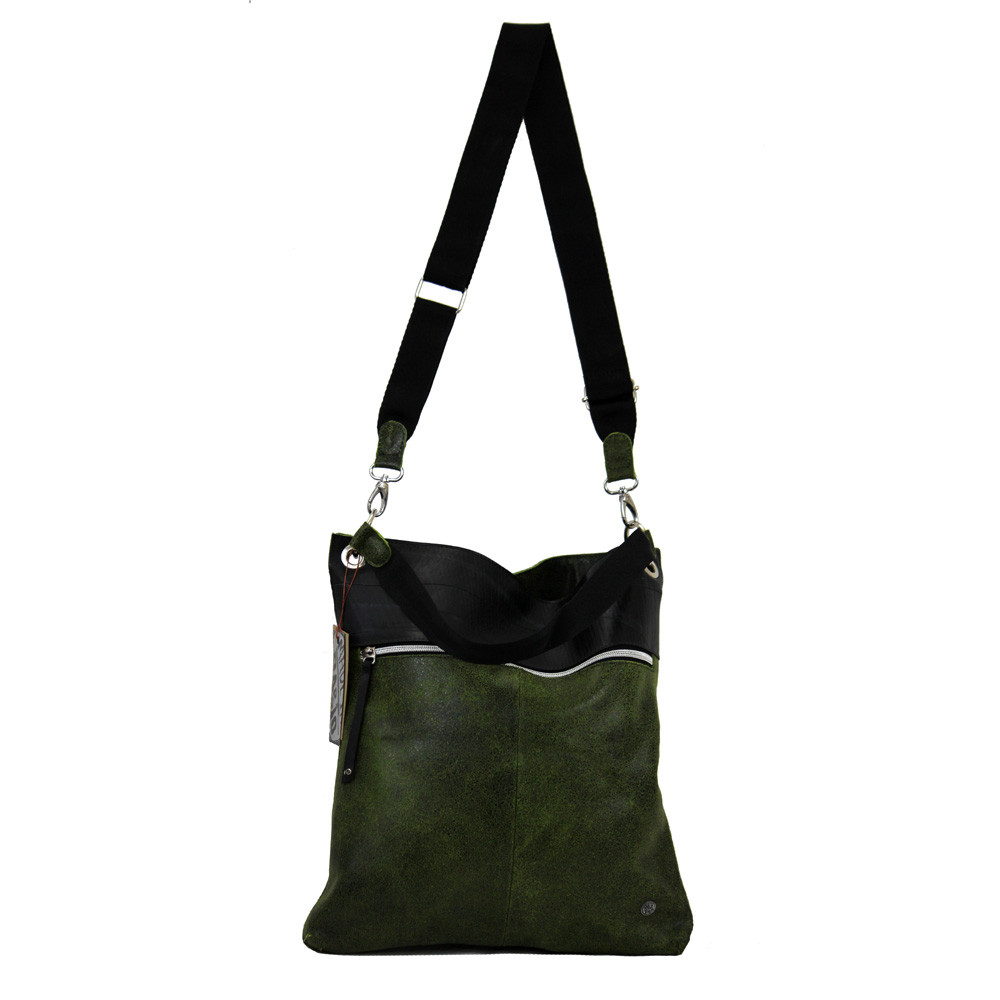 Leather and tiretube crossbody bag.
