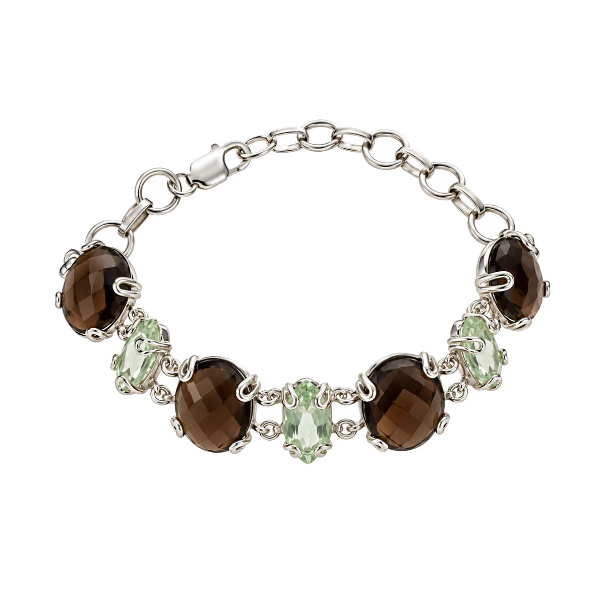 Green amethyst and smoky quartz sterling silver bracelet featuring alternating faceted gemstones and polished silver links.
