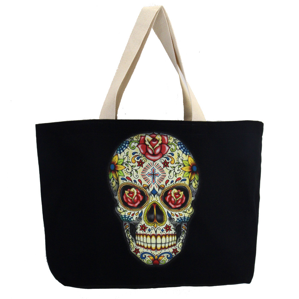 Large black tote with Day of the dead skull.