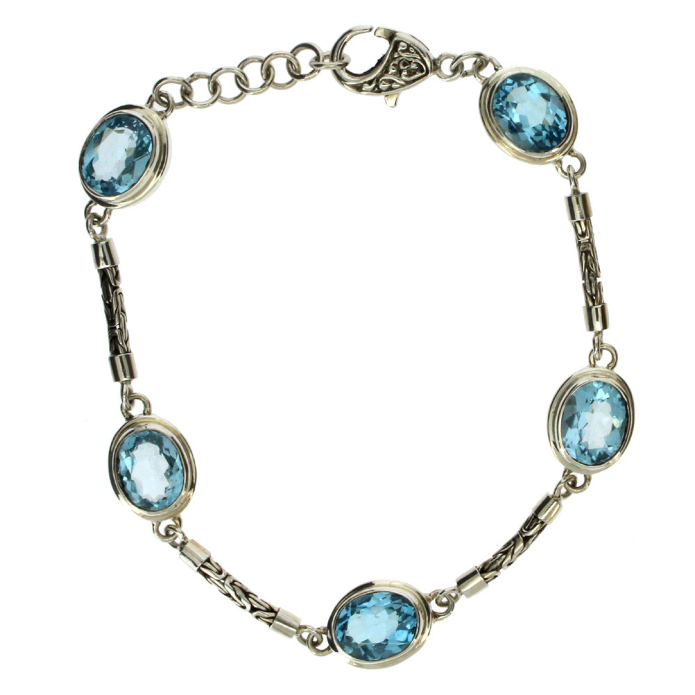 Sterling silver blue Topaz bracelet with Byzantine chain.