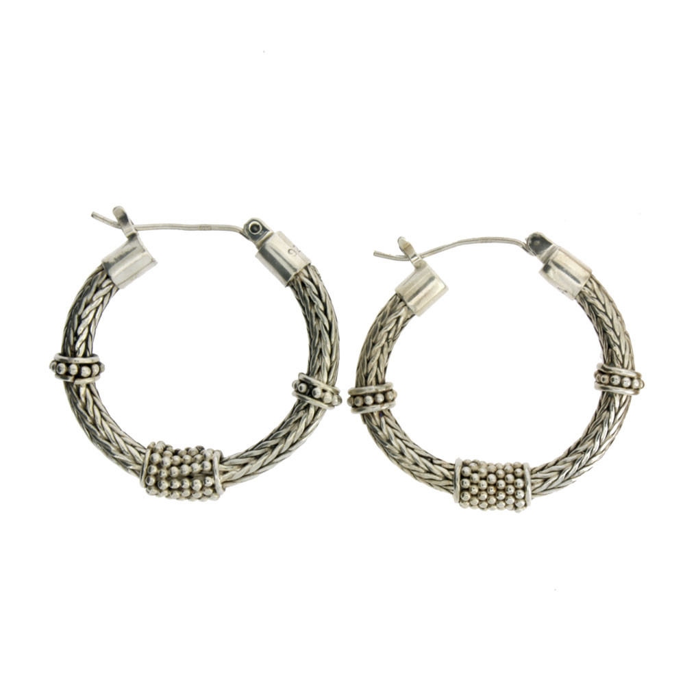 Sterling Silver Herringbone Bali Design Hoop Earrings