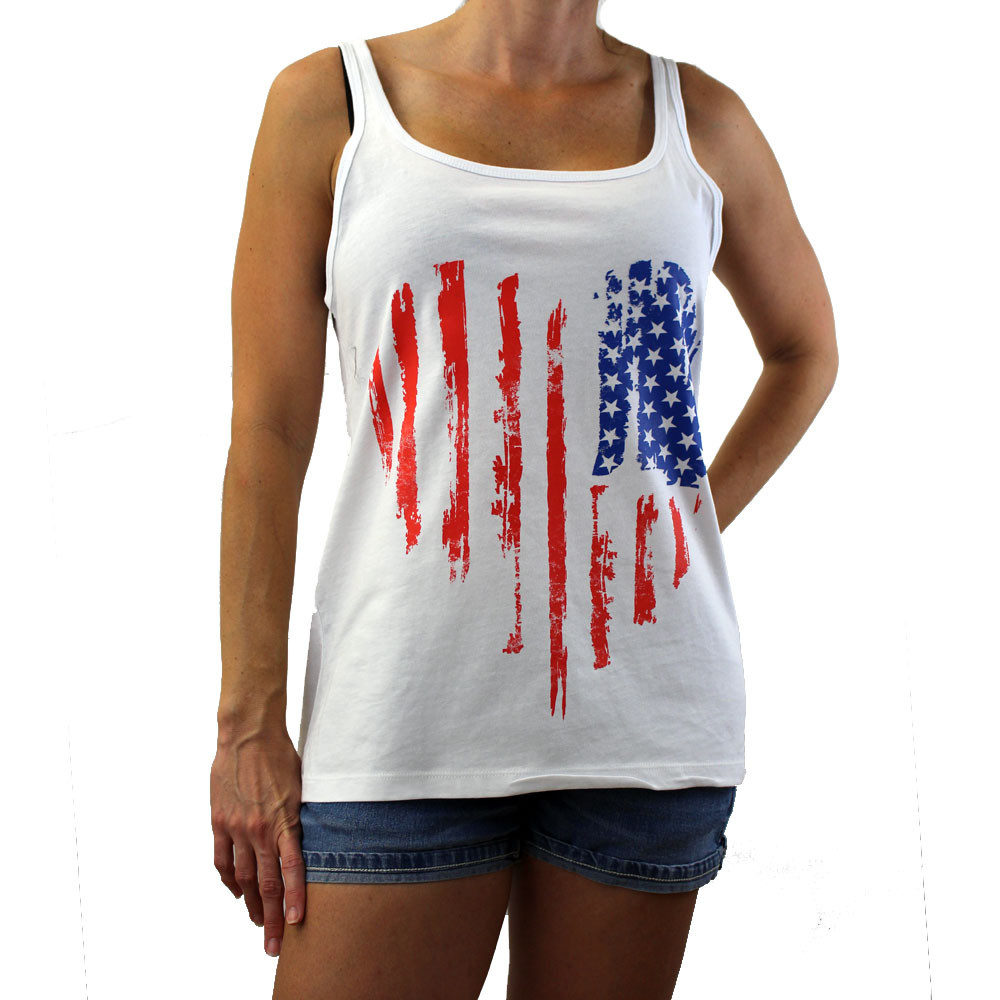 American flag heart on white tank top.